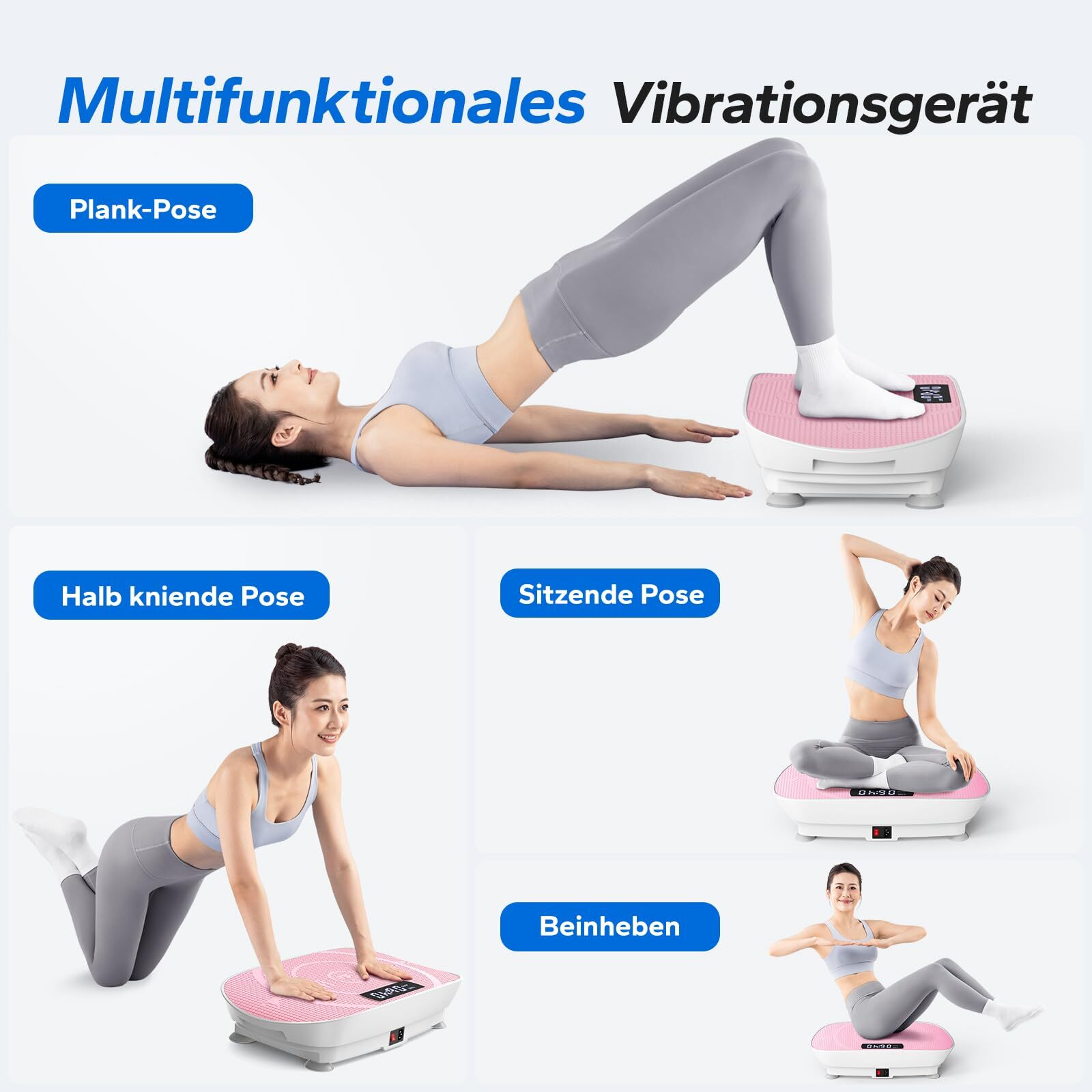 Frau macht Plank-Pose, halb kniende Pose, sitzende Pose und Beinheben auf Vibrationsgerät.