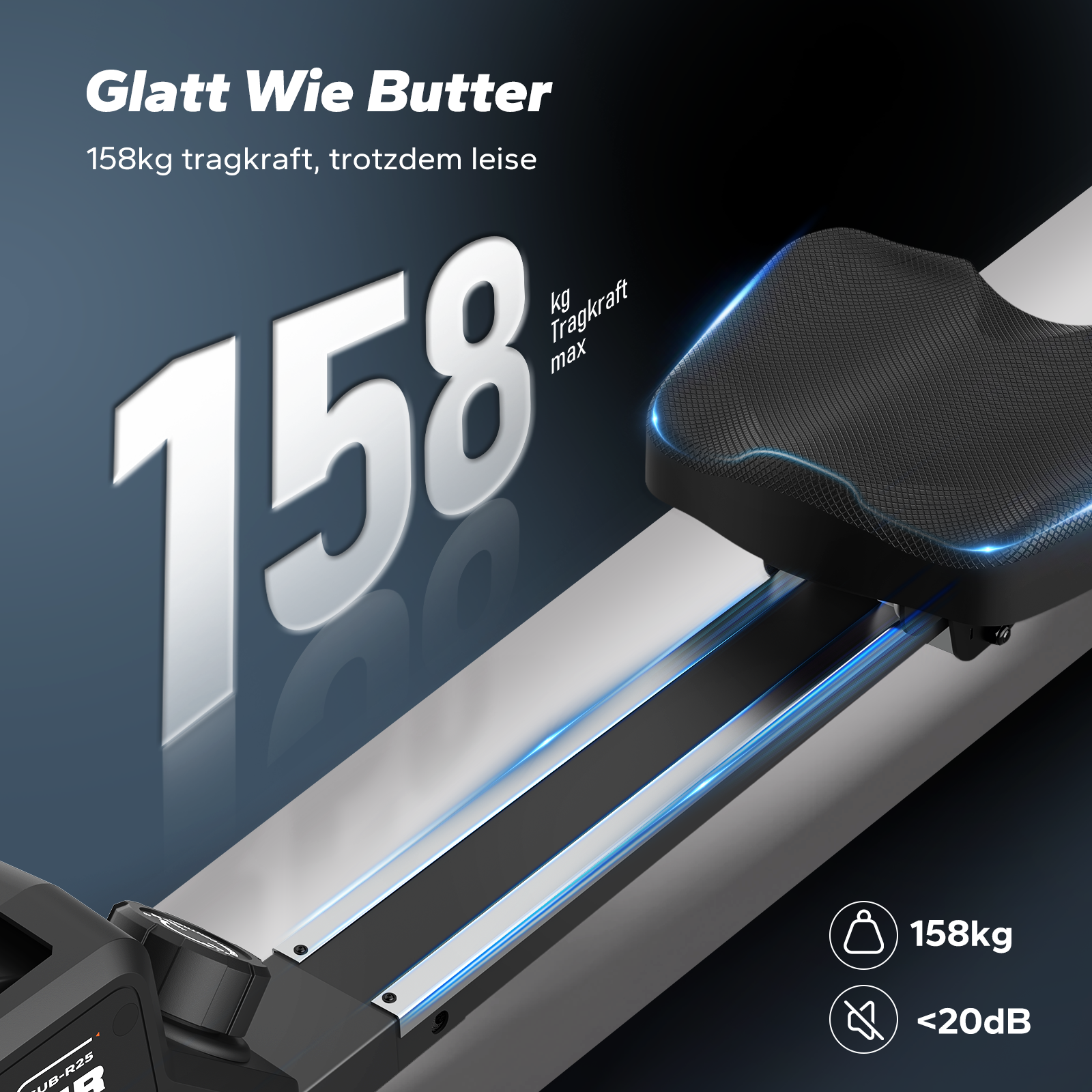 Rudergerät mit 158kg Tragkraft und <lt/>20dB Lautstärke.