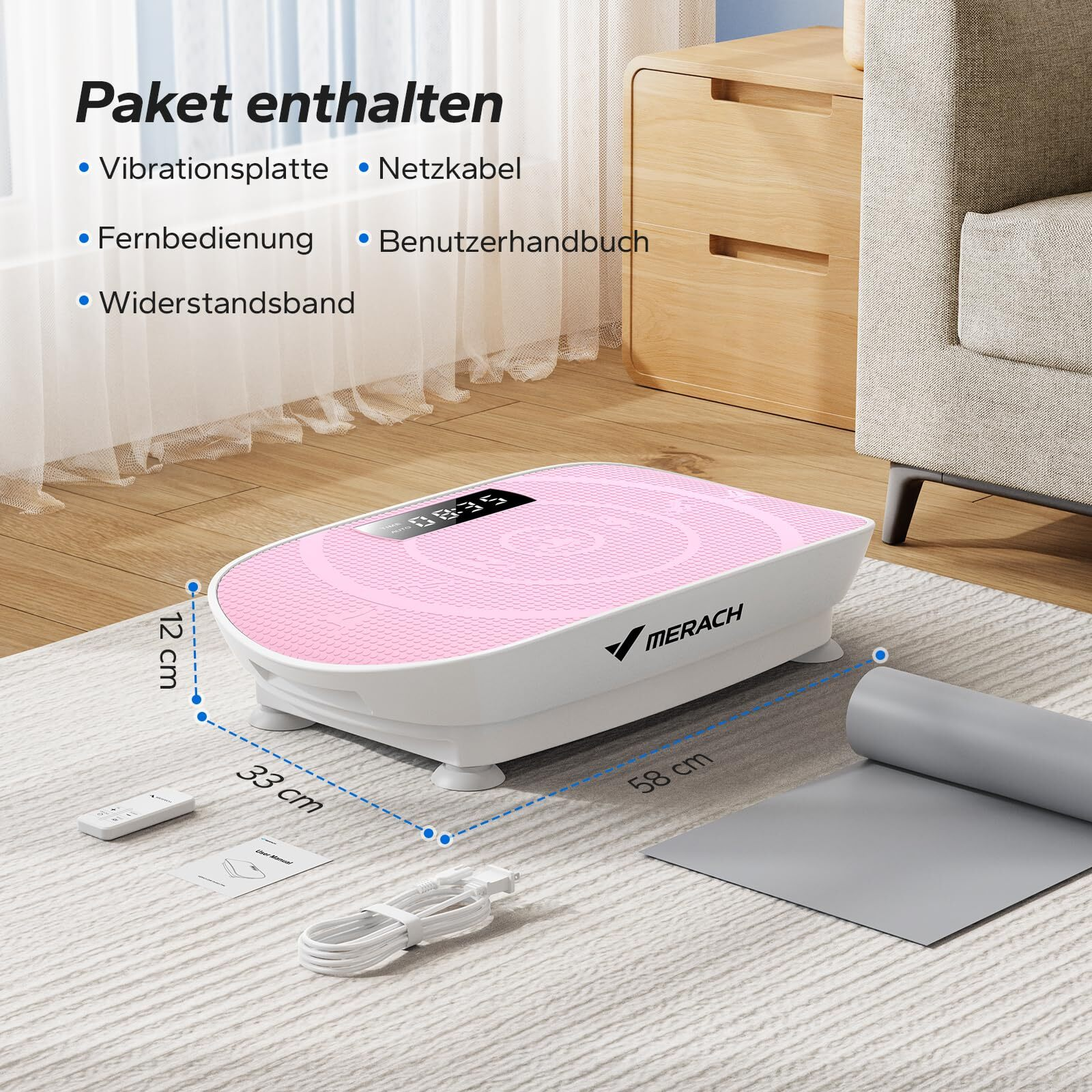 Eine pinke Vibrationsplatte mit Fernbedienung, Kabel und Handbuch.