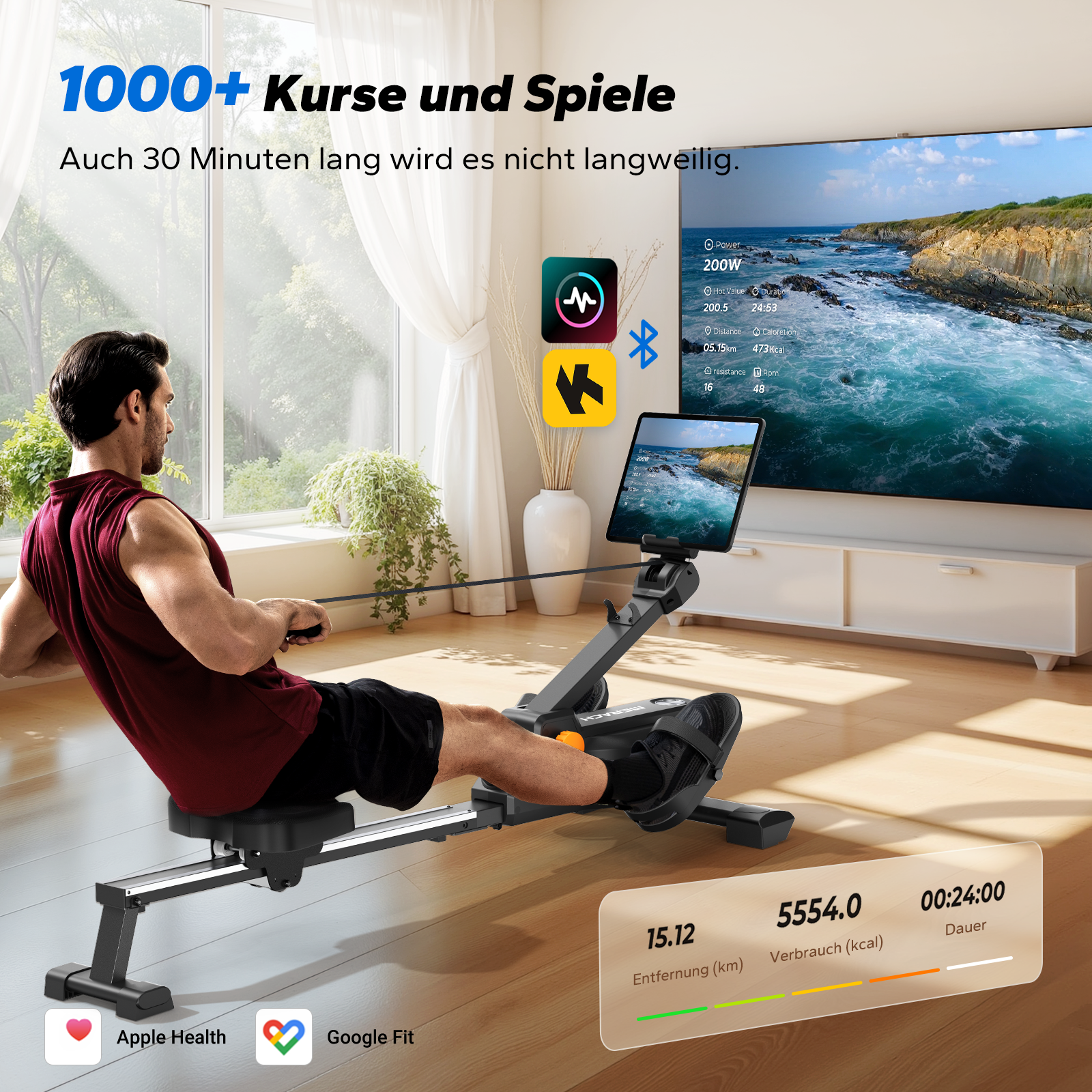 Mann rudert auf Ergometer, Bildschirm zeigt Sportdaten. 1000+ Kurse.