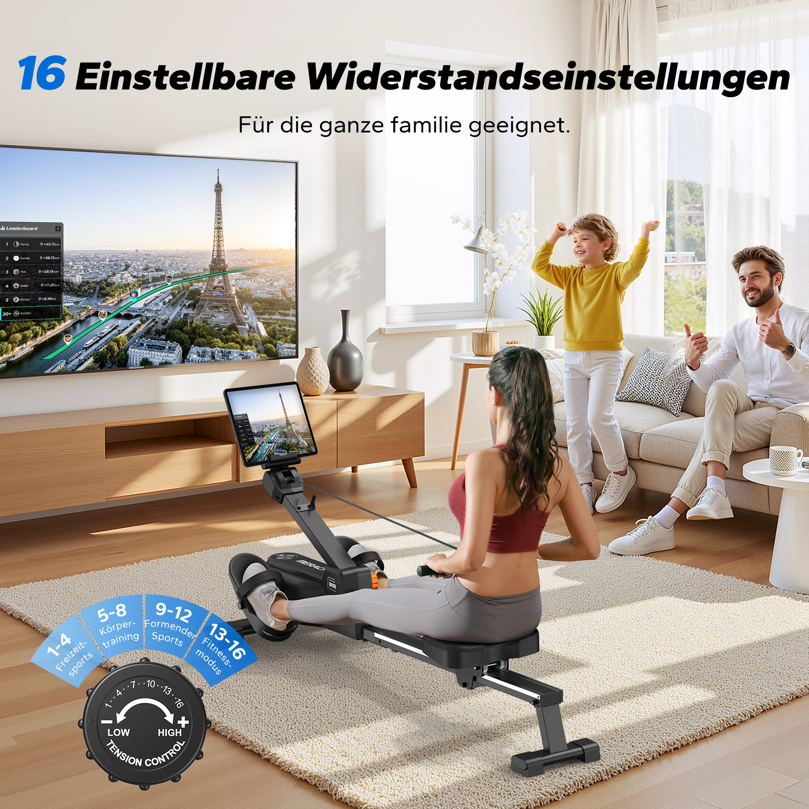Familie trainiert auf Rudergerät vor Fernseher mit Eiffelturm-Bild, 16 Widerstandsstufen.
