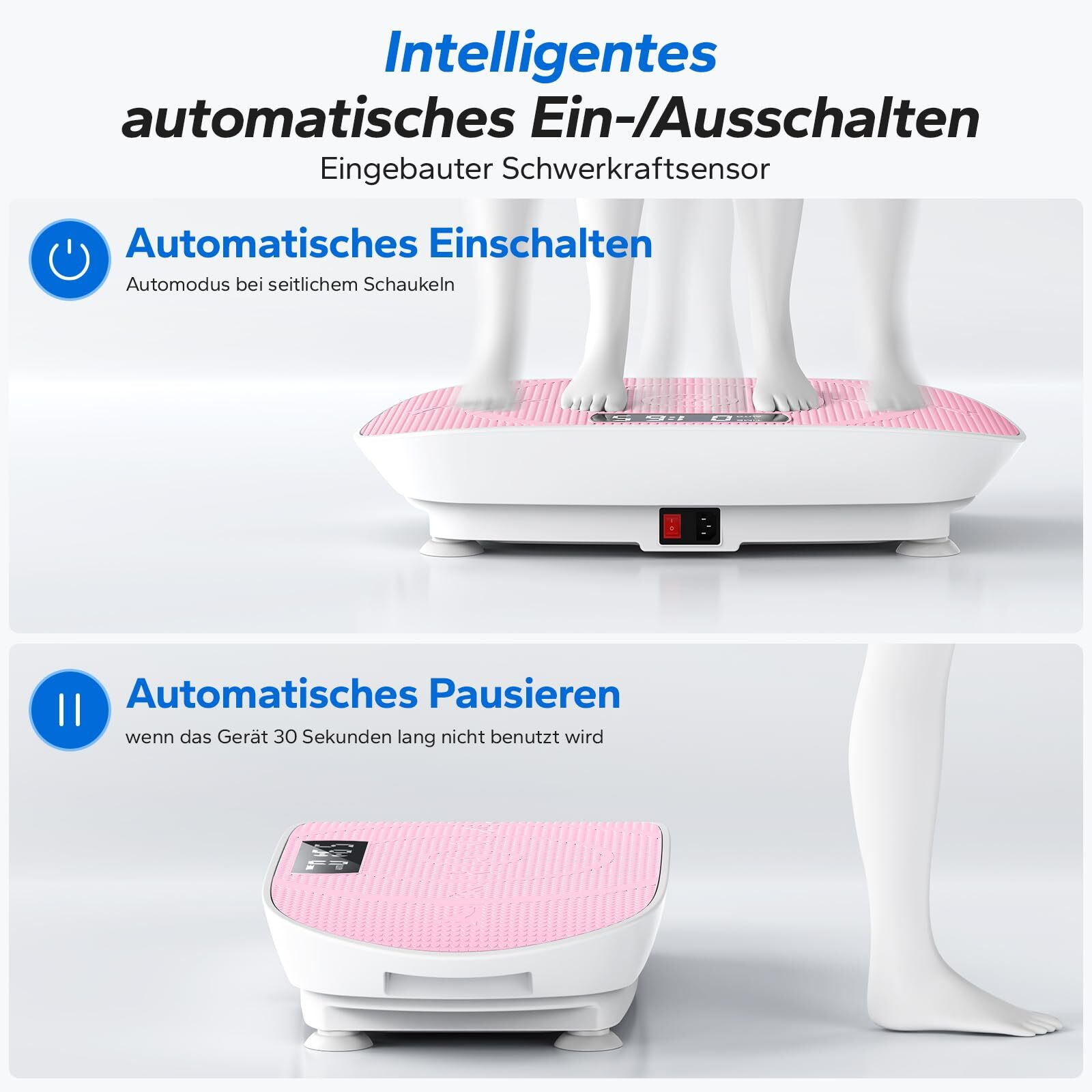 Ein pinkfarbenes Vibrationsgerät mit Füßen, die darauf stehen.