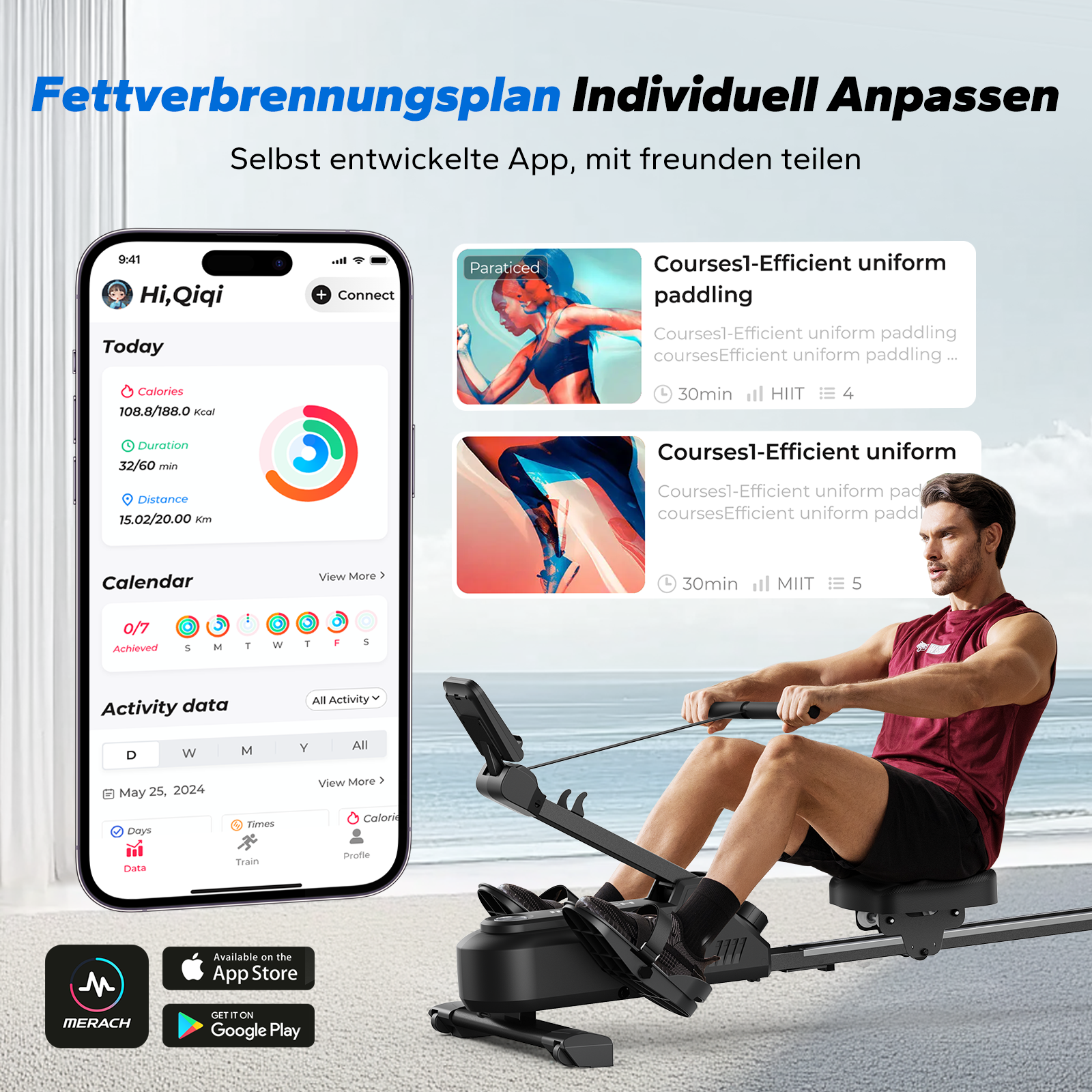 Mann rudert auf einem Ergometer vor dem Meer. Smartphone zeigt Fitness-App an.