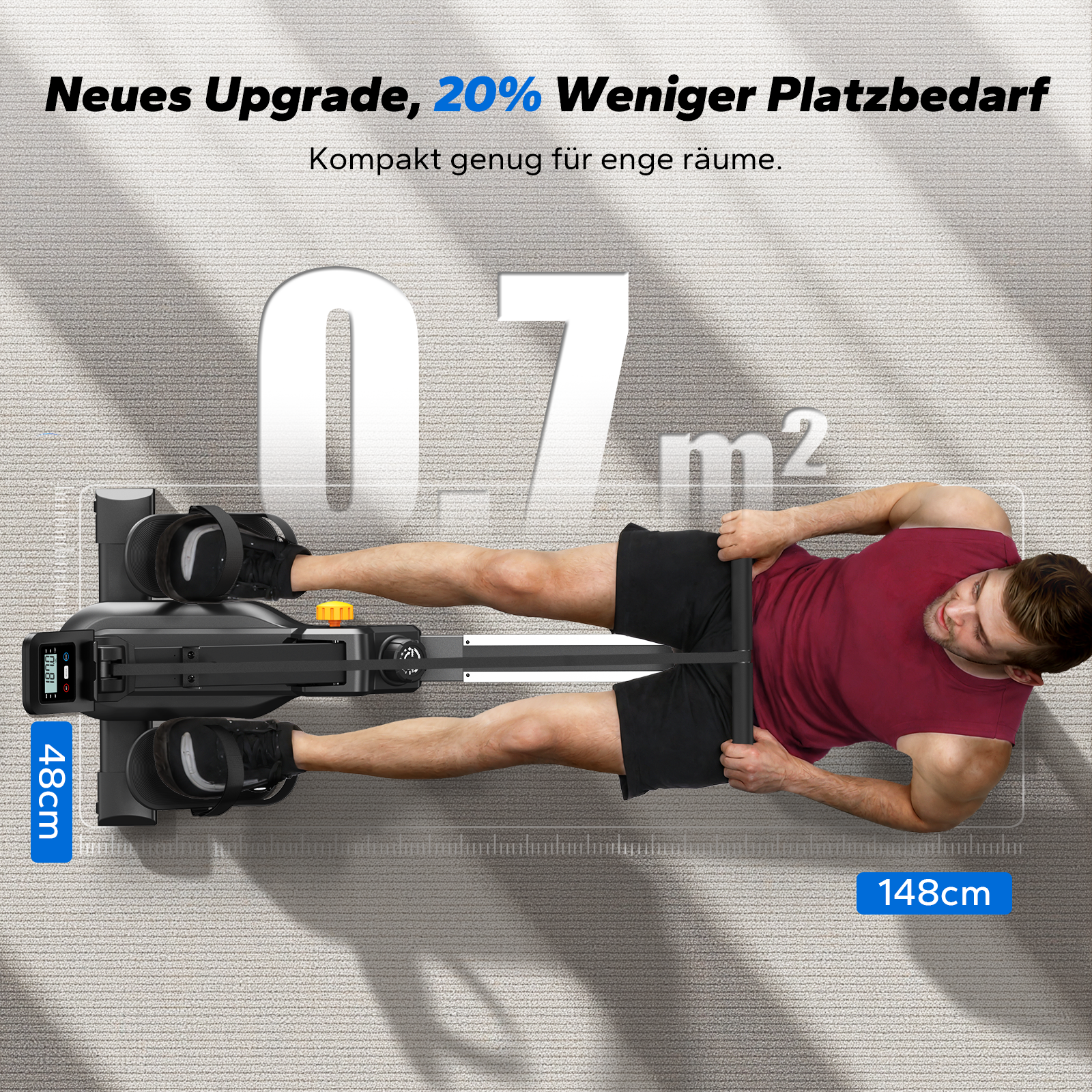 Mann auf schwarzem Rudergerät, 48cm & 148cm Maße, 0.7m² Platzbedarf.