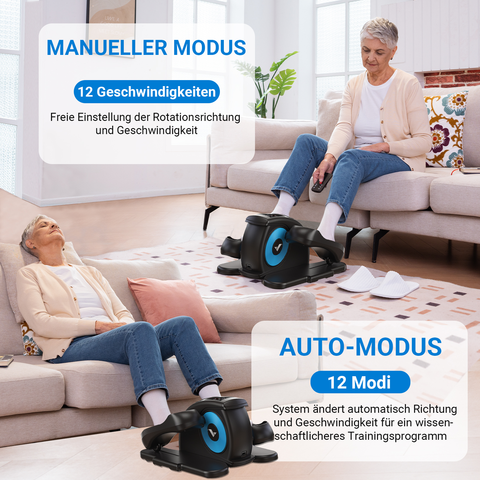 Zwei ältere Frauen nutzen Heimtrainer. Einerin hält Fernbedienung, die andere ruht.