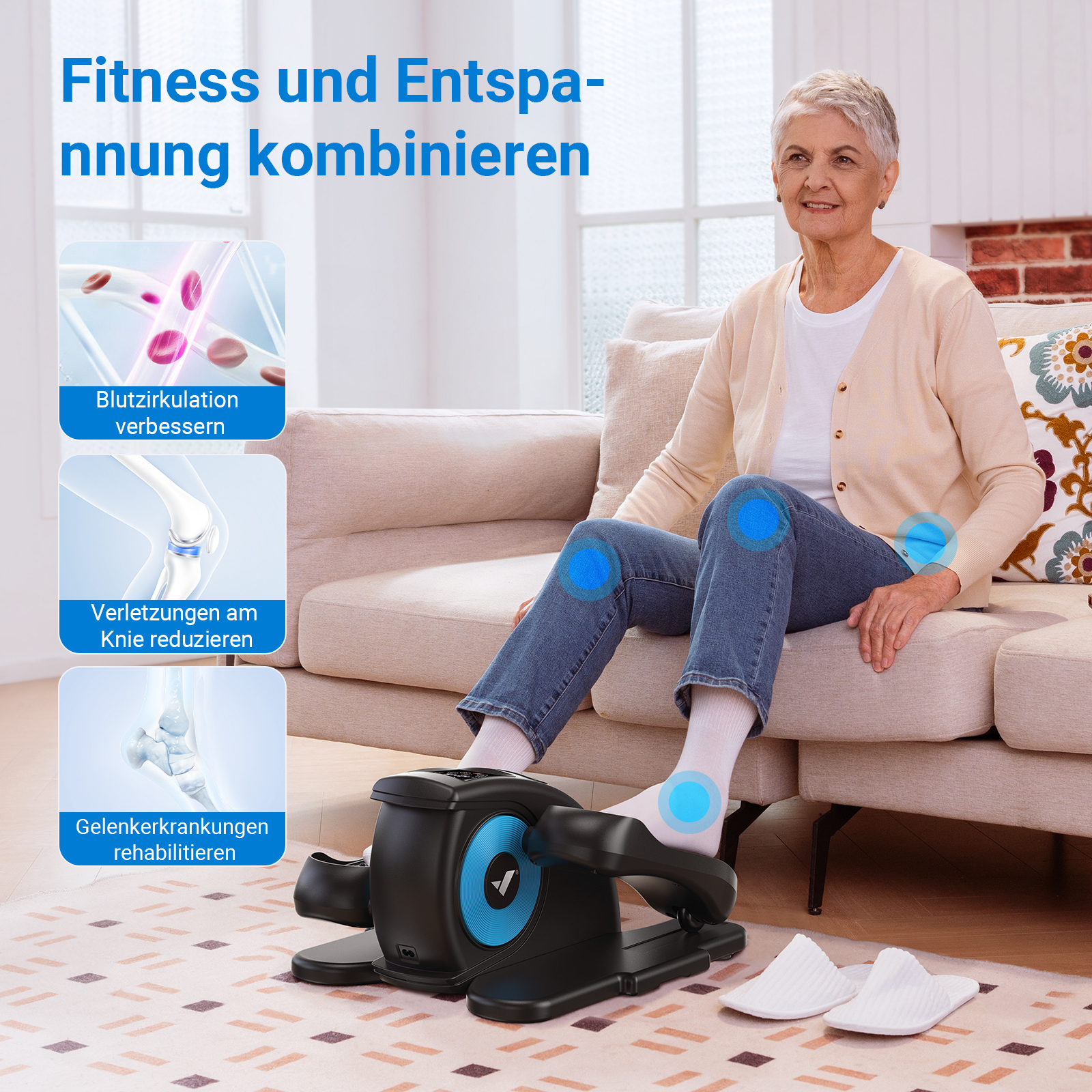 Ältere Frau benutzt Heimtrainer, mit Icons für Durchblutung, Knie und Gelenke.