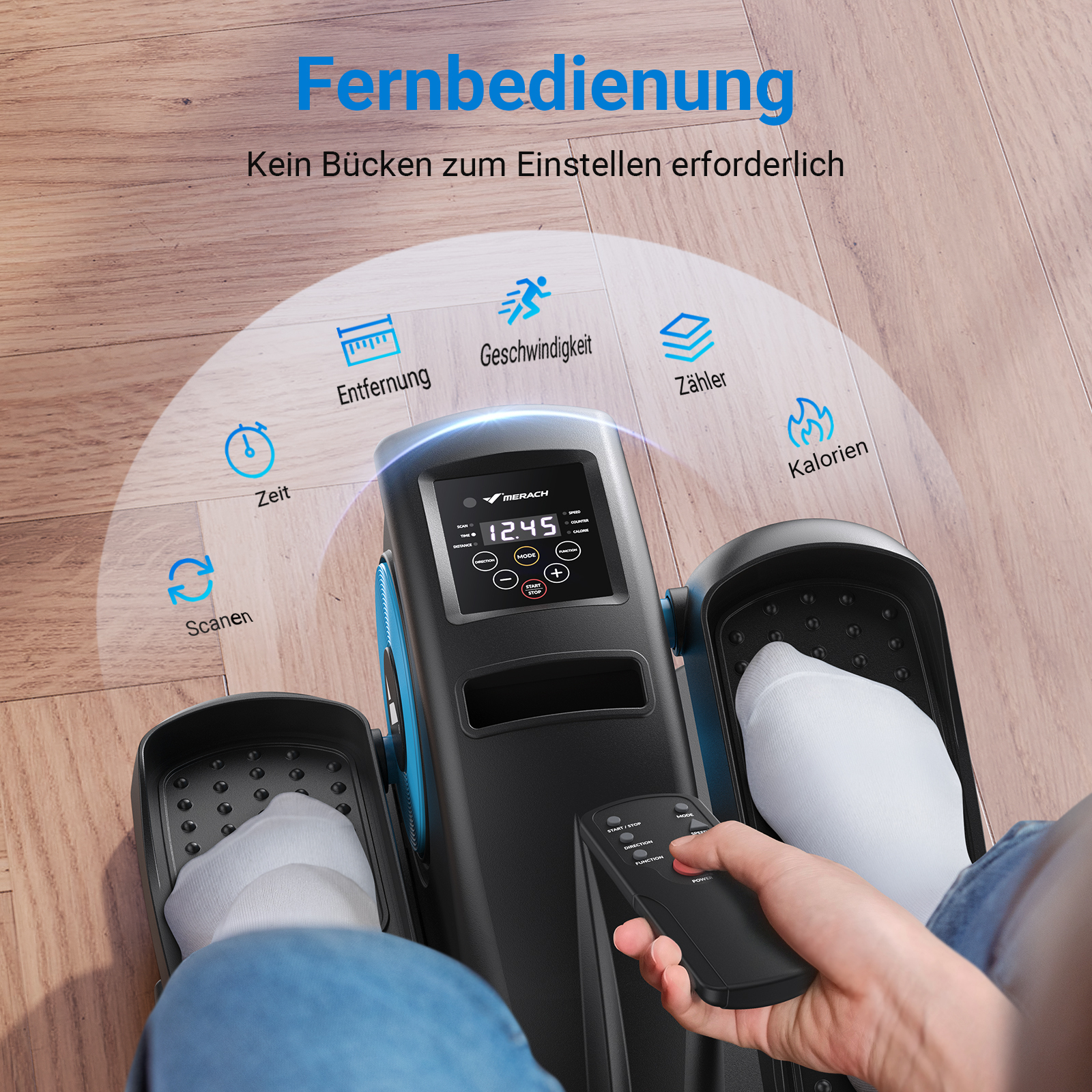 Person nutzt einen Heimtrainer mit Fernbedienung und zeigt Trainingsdaten an.