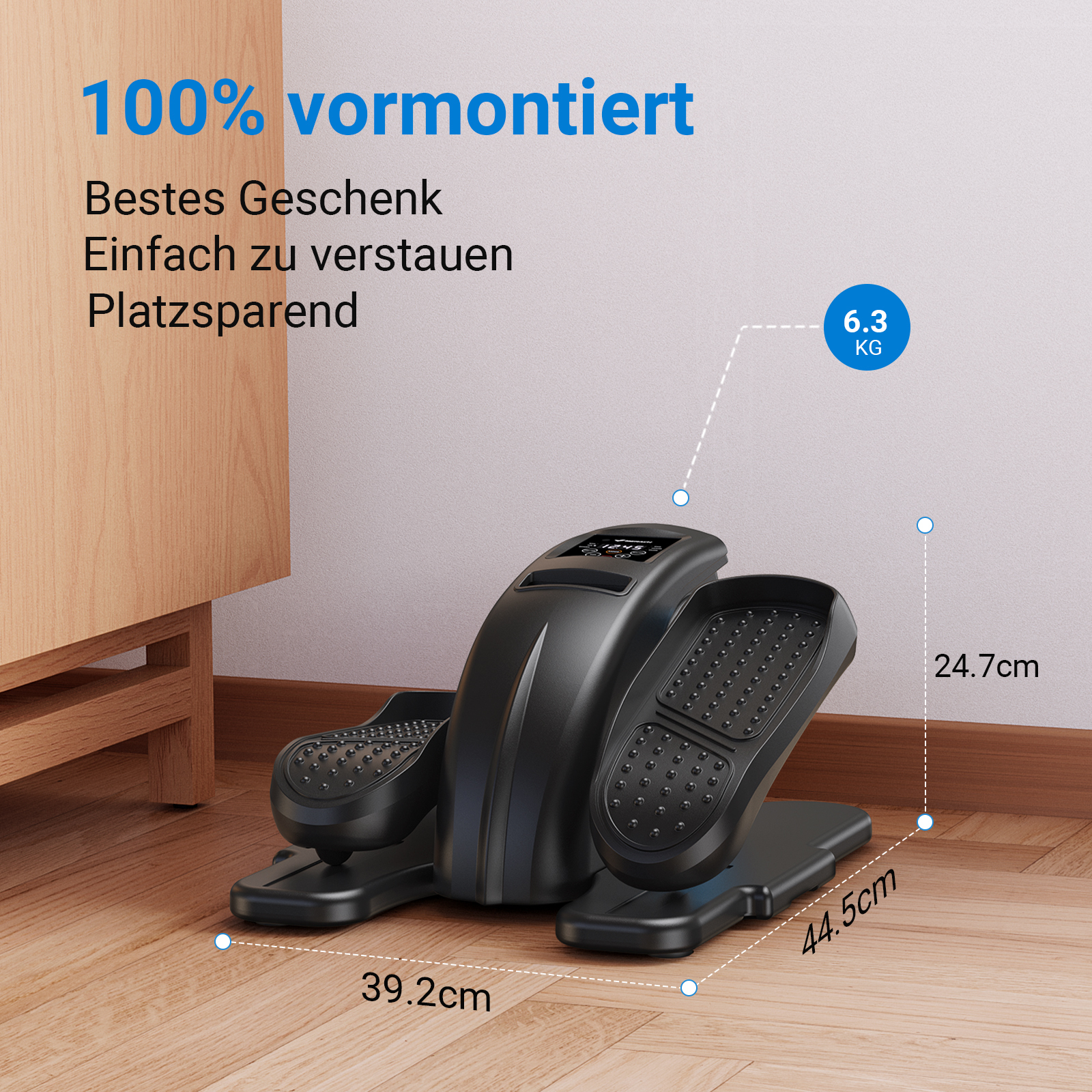 Schwarzer Heimtrainer mit Maßen 39,2x44,5x24,7cm, 6,3kg.