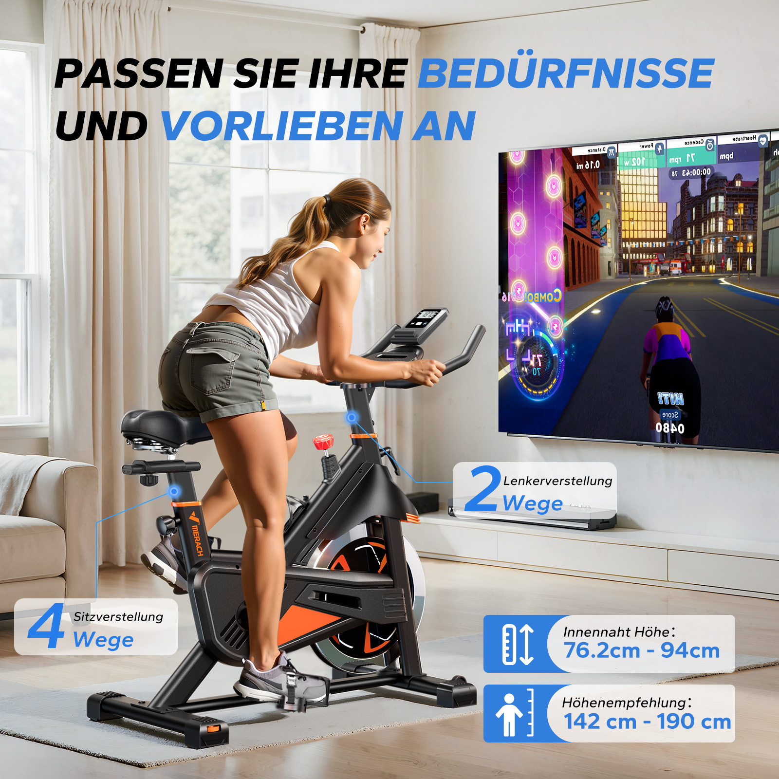 Frau auf einem Heimtrainer vor einem Bildschirm mit einem Radrennspiel.