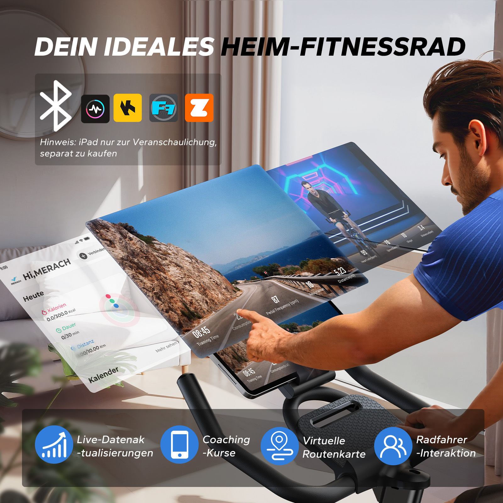 Mann auf Heimtrainer mit App-Ansichten: Strecken, Werte, Coaching-Optionen.