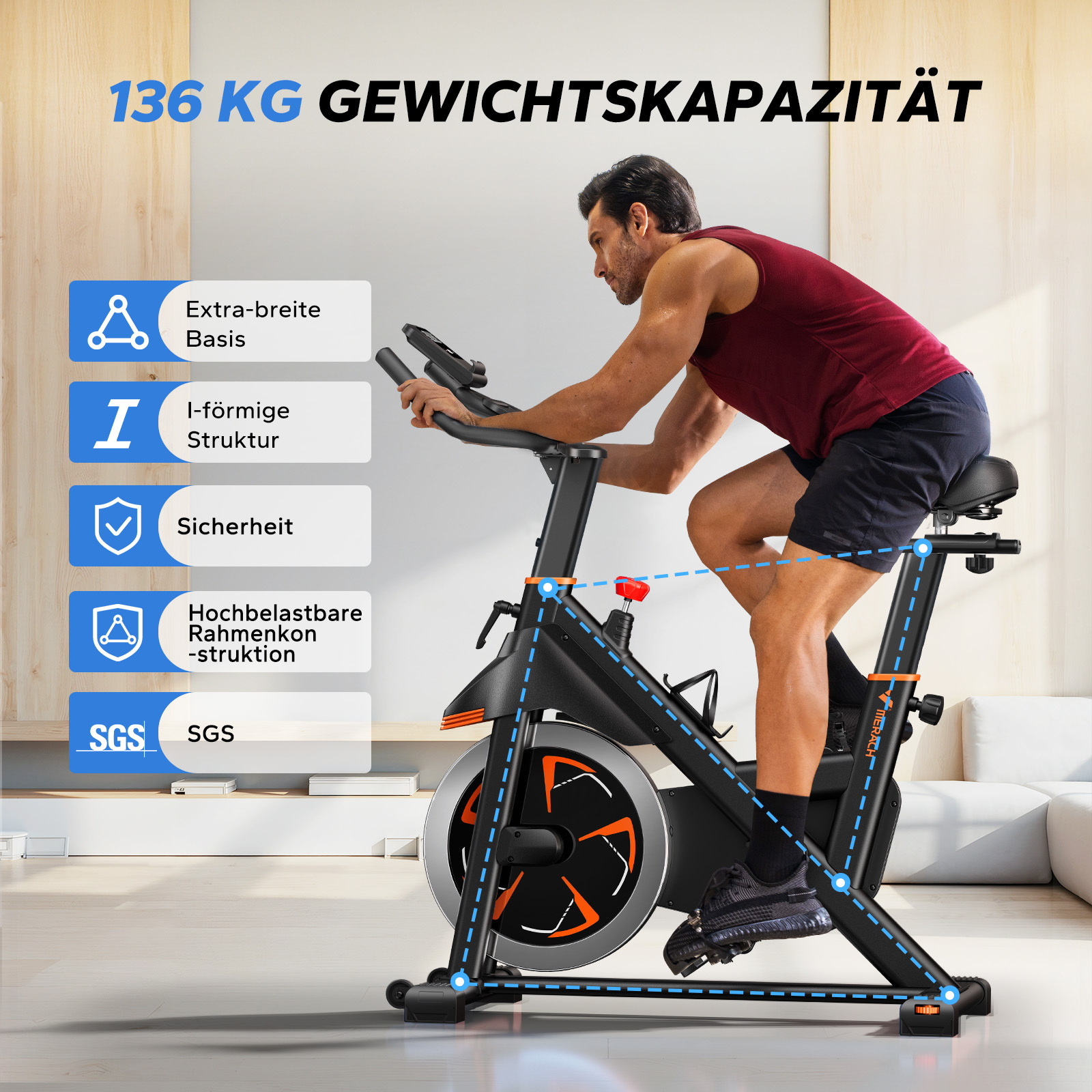 Ein Mann auf einem Heimtrainer mit deutscher Textwerbung. 136 kg Kapazität.