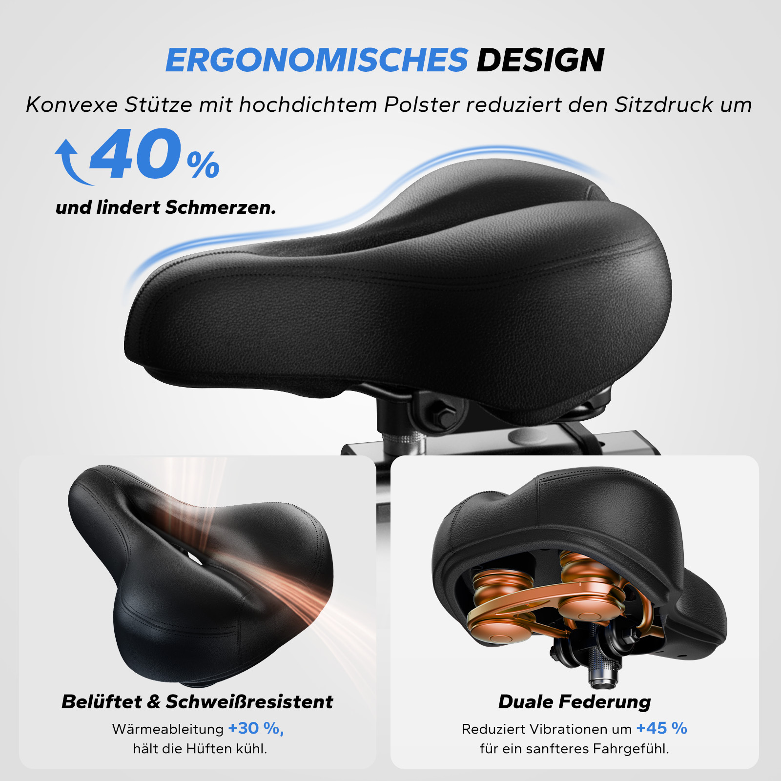 Ergonomisches Fahrradsitzdesign: Konvexe Stütze, Belüftung, Duale Federung.