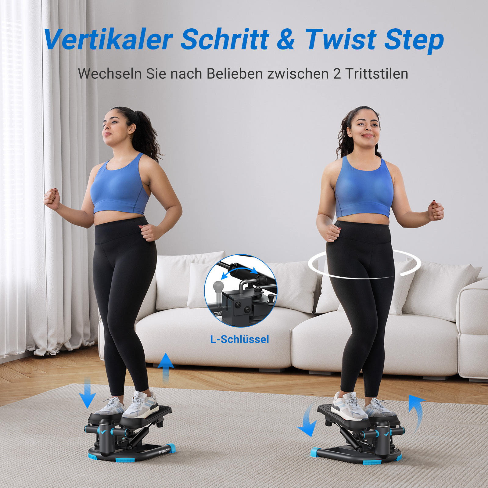 Frau macht Stepper-Übungen, zeigt vertikalen Schritt und Twist Step.