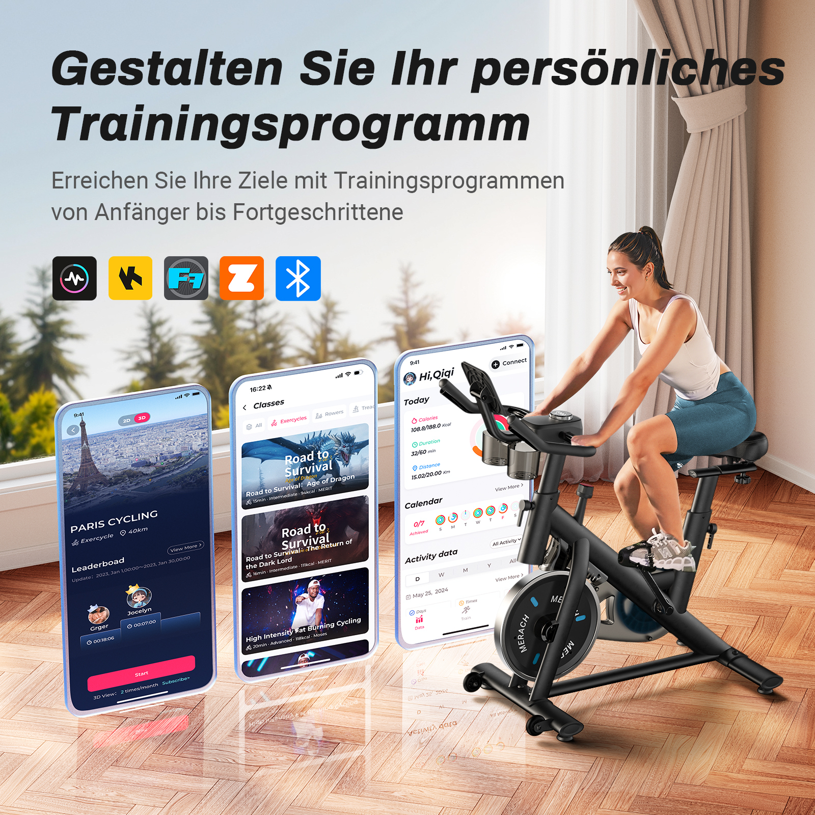 Eine Frau auf einem Heimtrainer, daneben sind drei Smartphones mit Trainings-Apps.