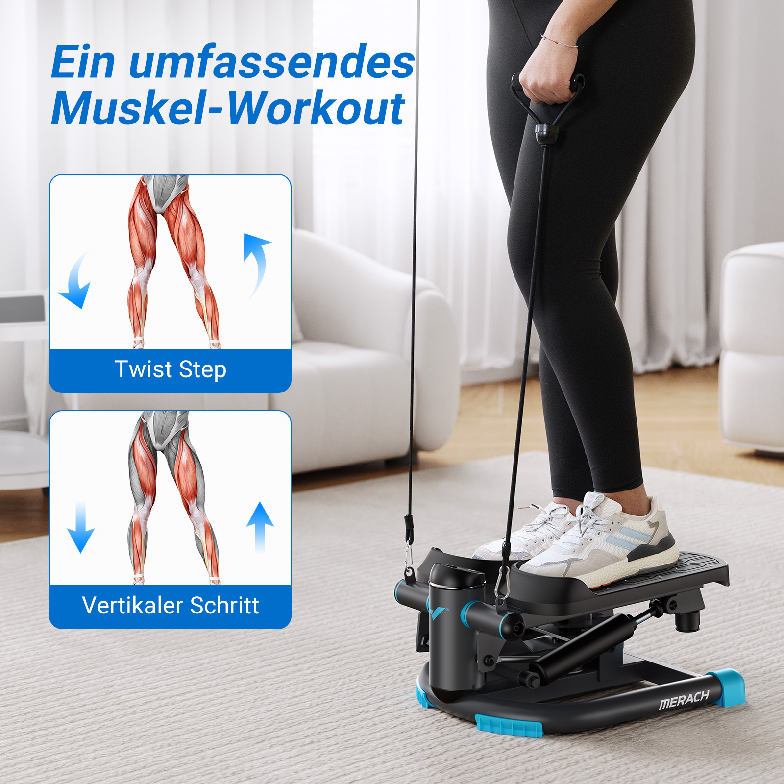 Frau auf einem Stepper mit Seilzügen, Muskelabbildungen daneben.