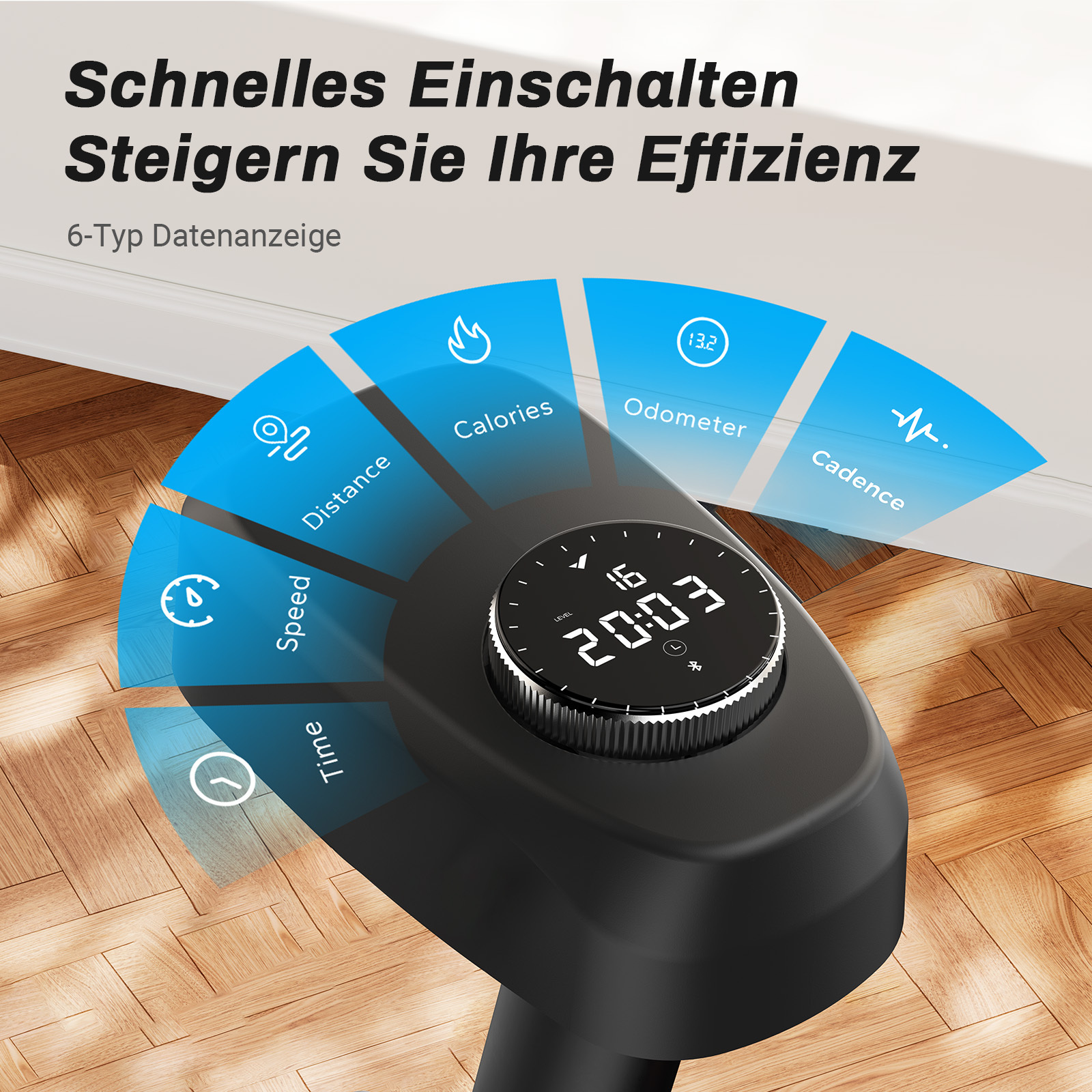 Ein schwarzes Trainingsgerät mit digitaler Anzeige und 6 Datenfeldern.