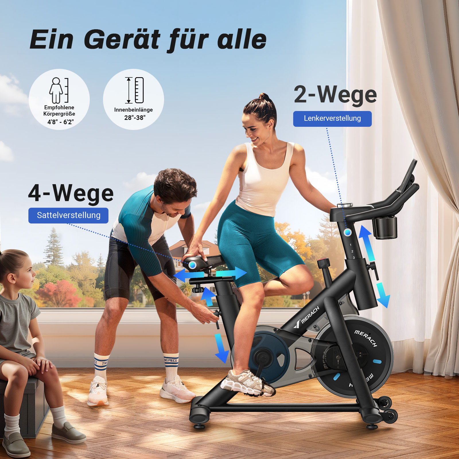 Ein Mann passt ein Fahrrad für eine Frau an, während ein Mädchen zusieht.