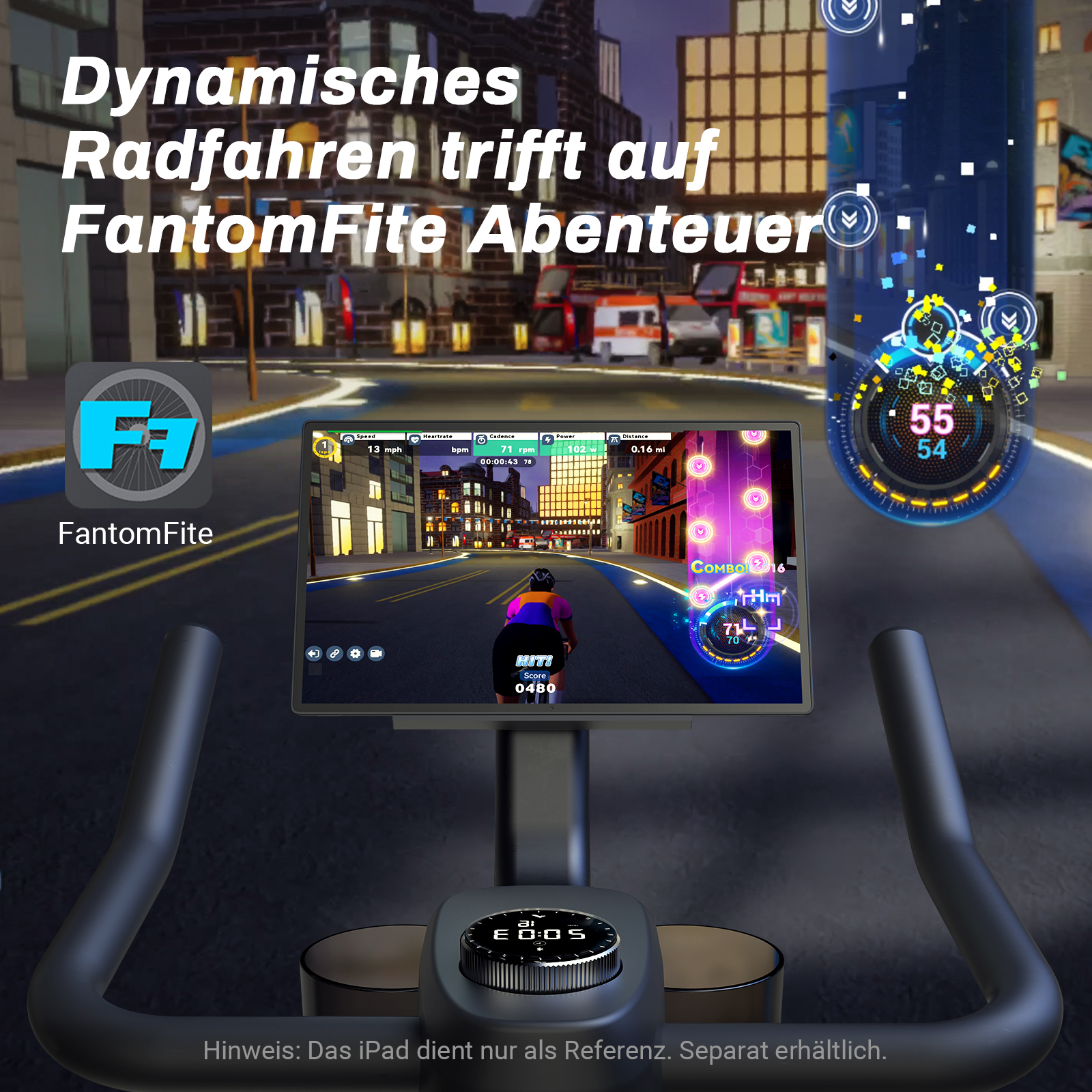 Ein Fahrradtrainer zeigt ein virtuelles Rennen in einer Stadt mit HUD-Elementen.