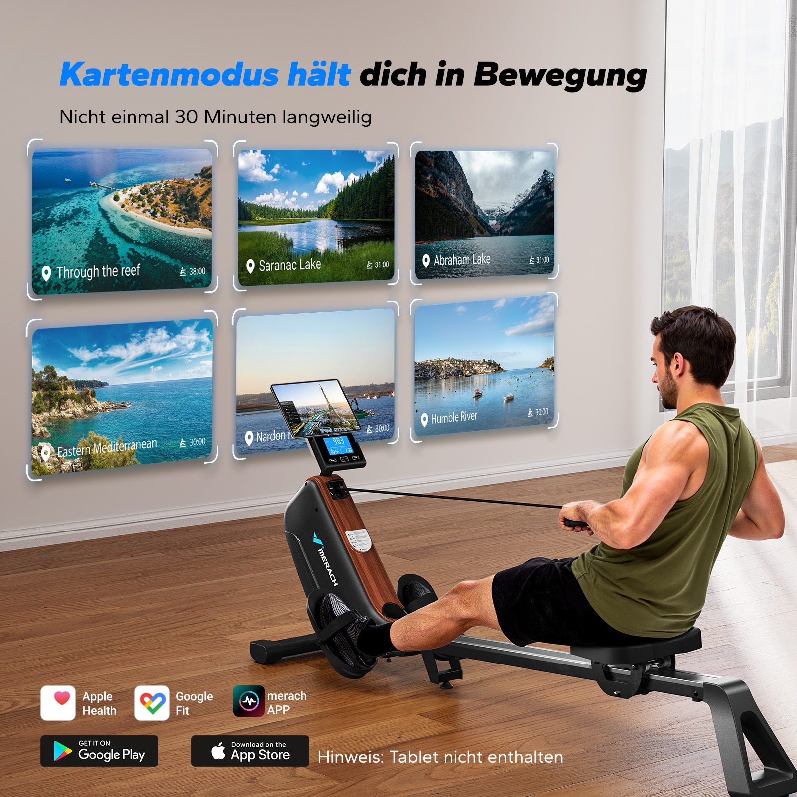 Mann rudert auf einem Ergometer vor einer Wand mit virtuellen Landschaften.