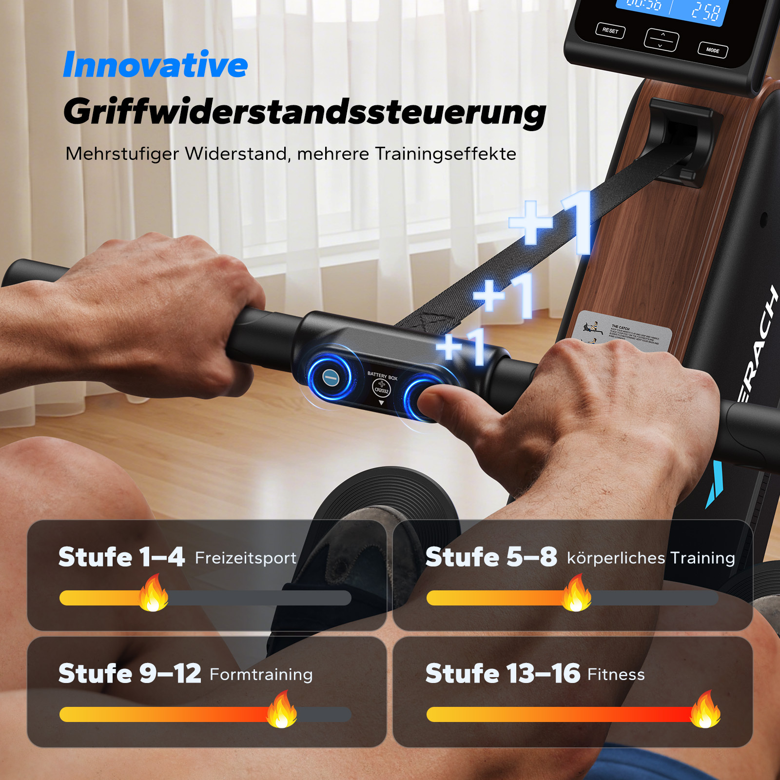Rudergerät mit Griffwiderstandssteuerung. Anzeige von Trainingsstufen und Intensität.