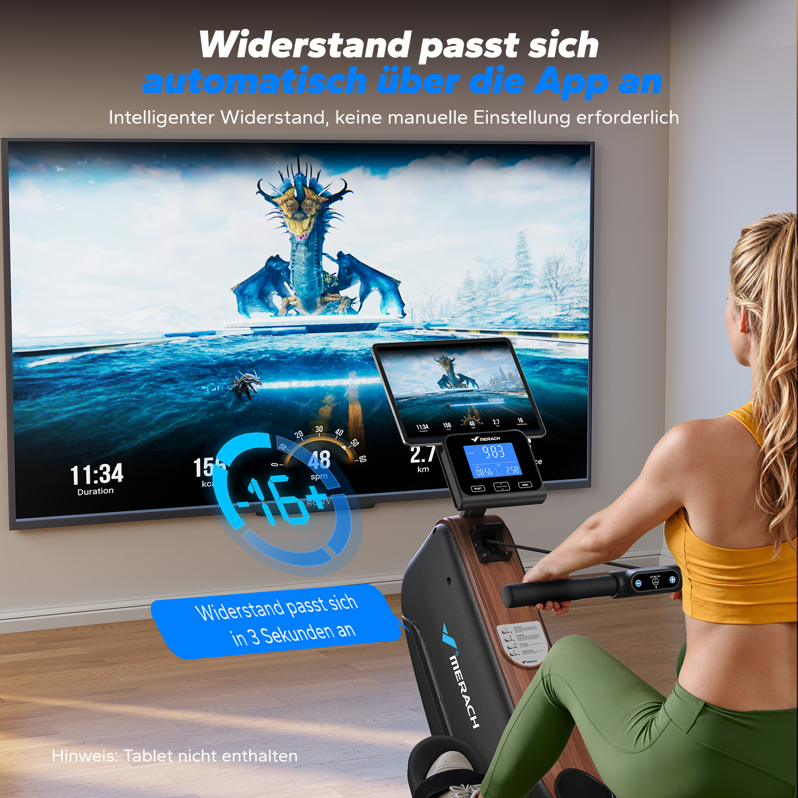 Frau auf einem Rudergerät vor einem großen Bildschirm mit Drachenspiel.
