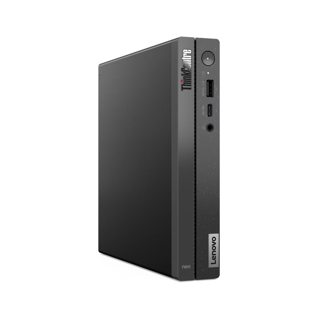 Beyaz zeminde ön bağlantı noktalarına sahip siyah Lenovo ThinkCentre Neo PC.