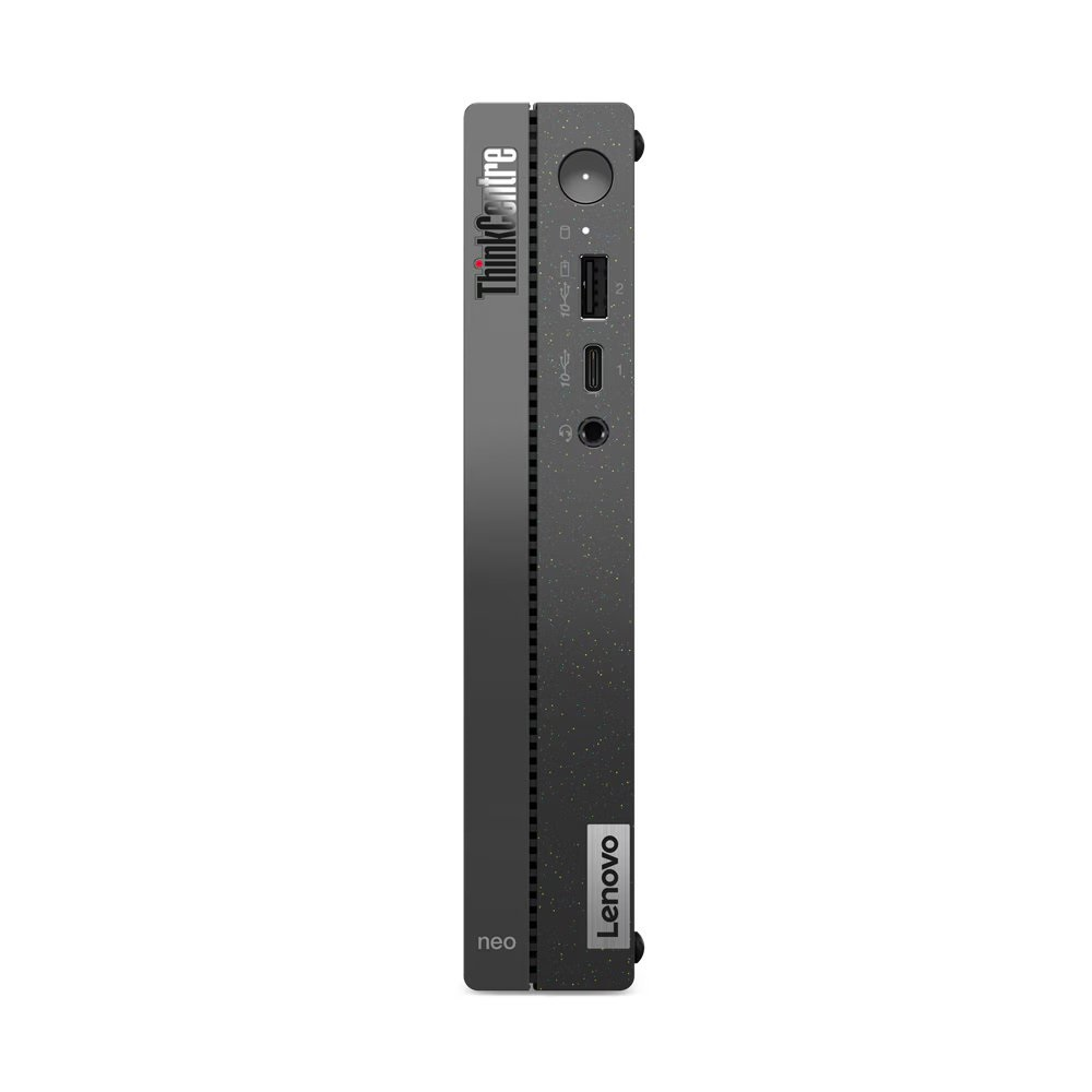 Portlar ve logolar içeren gri Lenovo ThinkCentre mini PC.