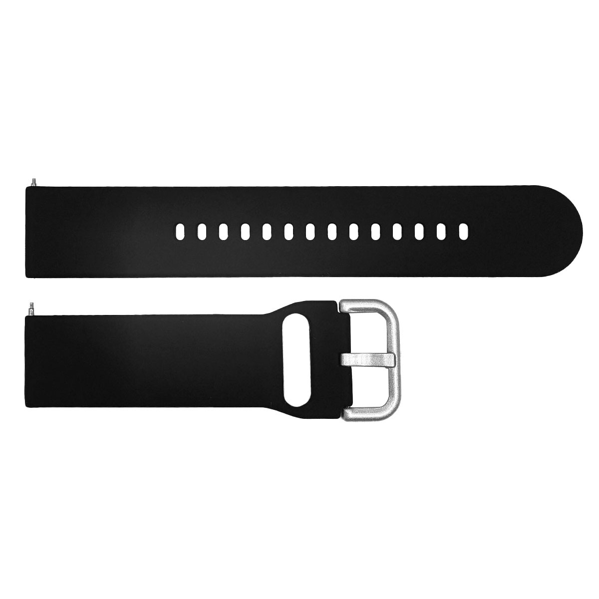 Dwa czarne paski do zegarka z srebrną klamrą i dziurkami.
