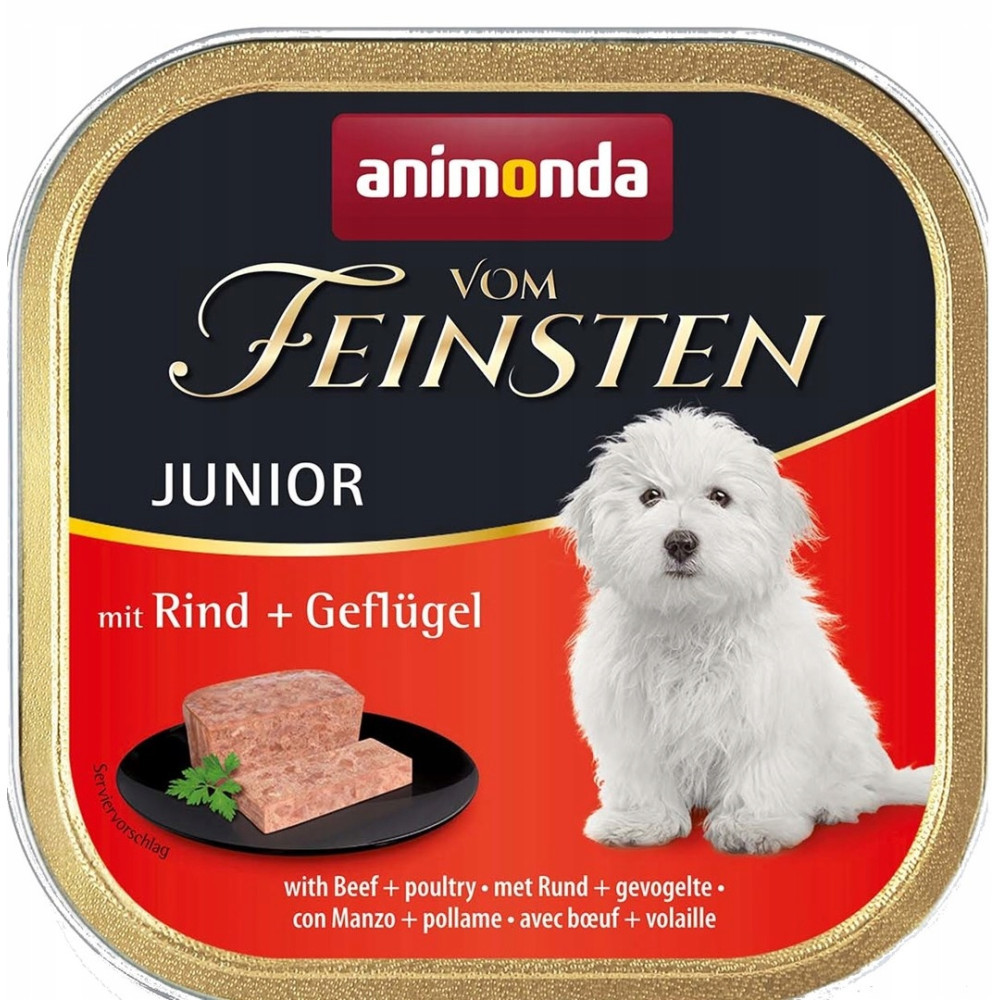 Animonda Feinsten Junior karma dla psa z wołowiną i drobiem, ze szczeniakiem.