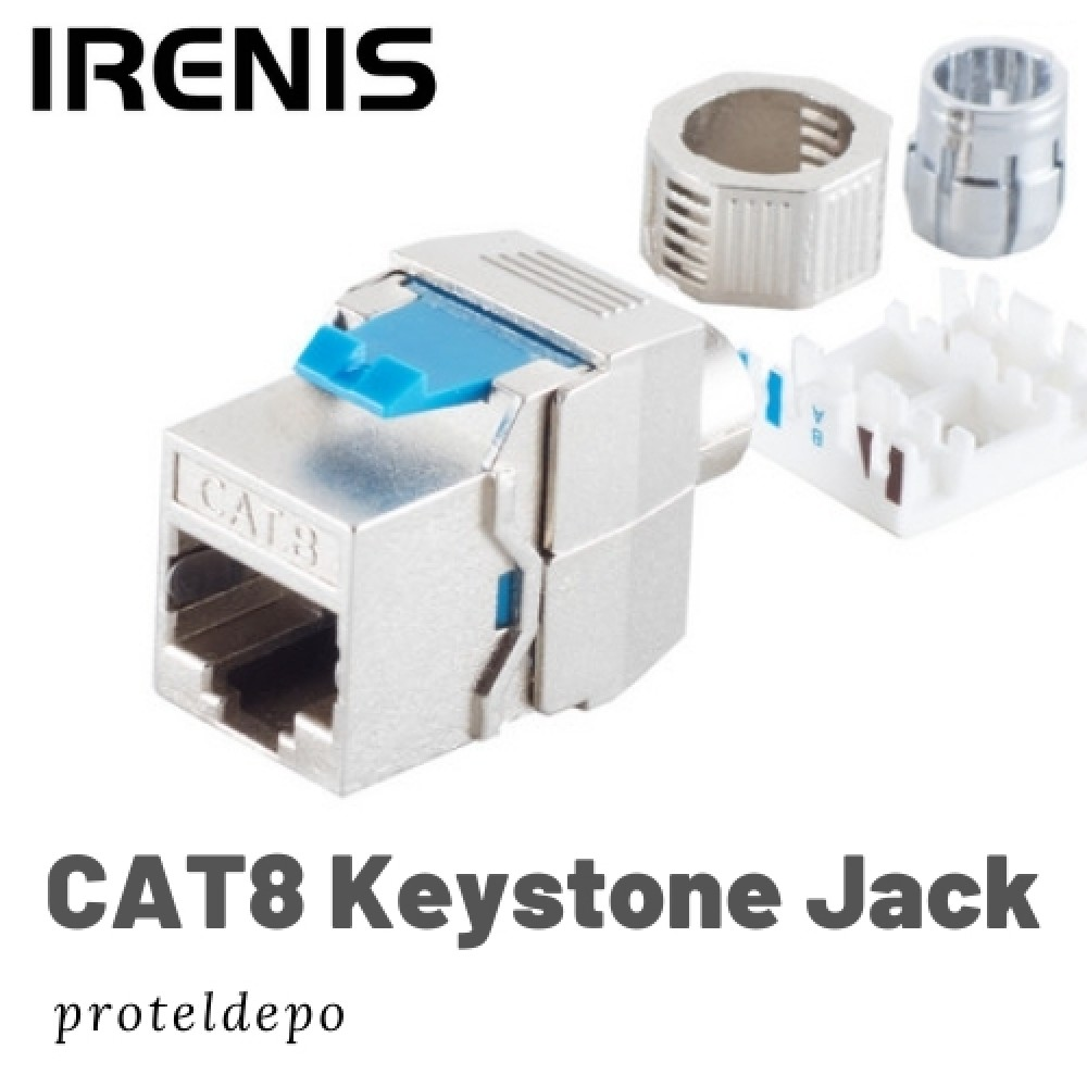 Mavi kollu ve gümüş konektörlü CAT8 Keystone Jack.