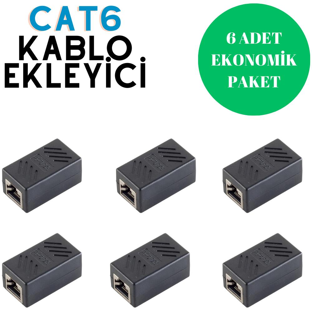 Beyaz zeminde RJ45 portlu altı siyah CAT6 birleştirici.
