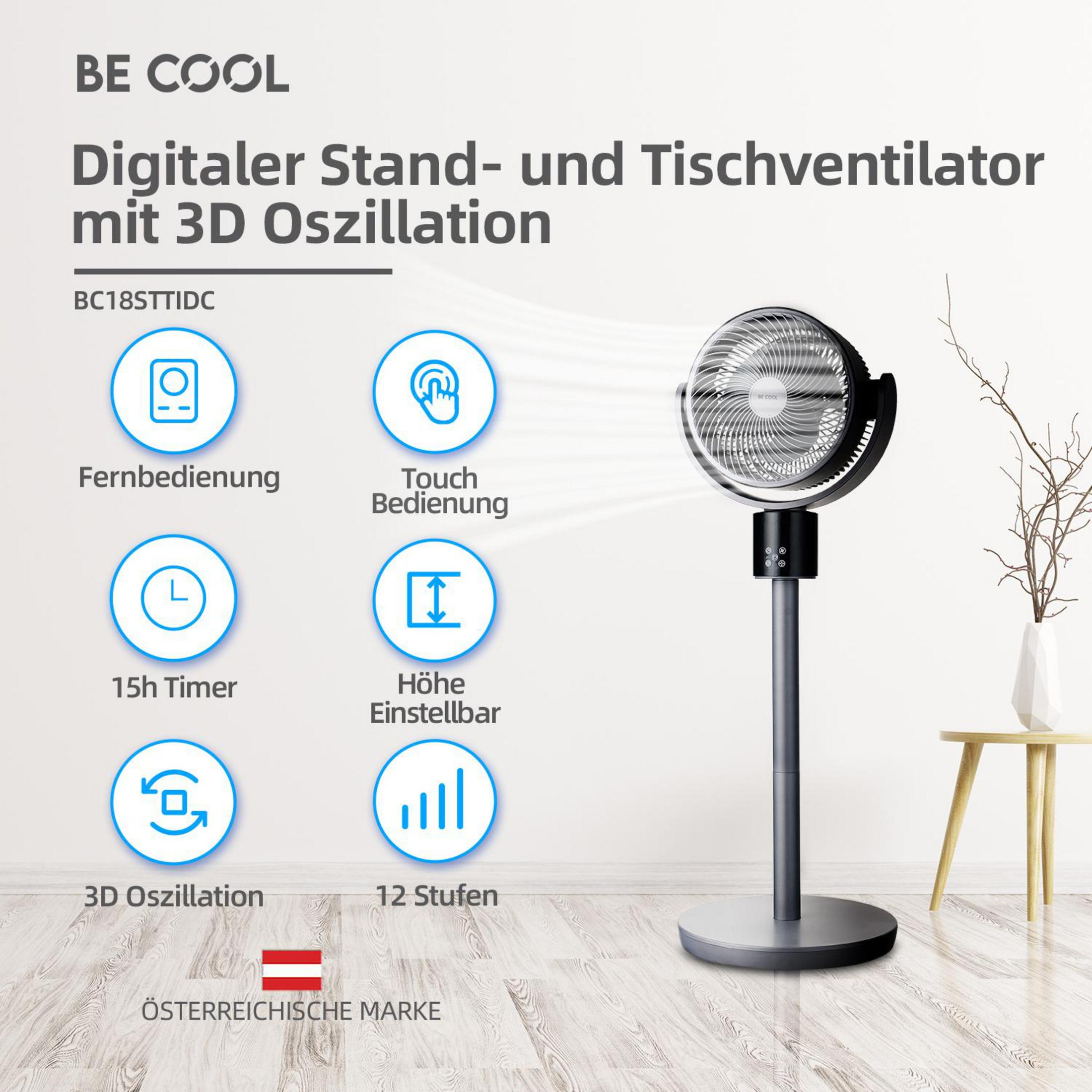 Digitaler Ventilator mit 3D-Oszillation, Fernbedienung, Timer und Höhenverstellung.