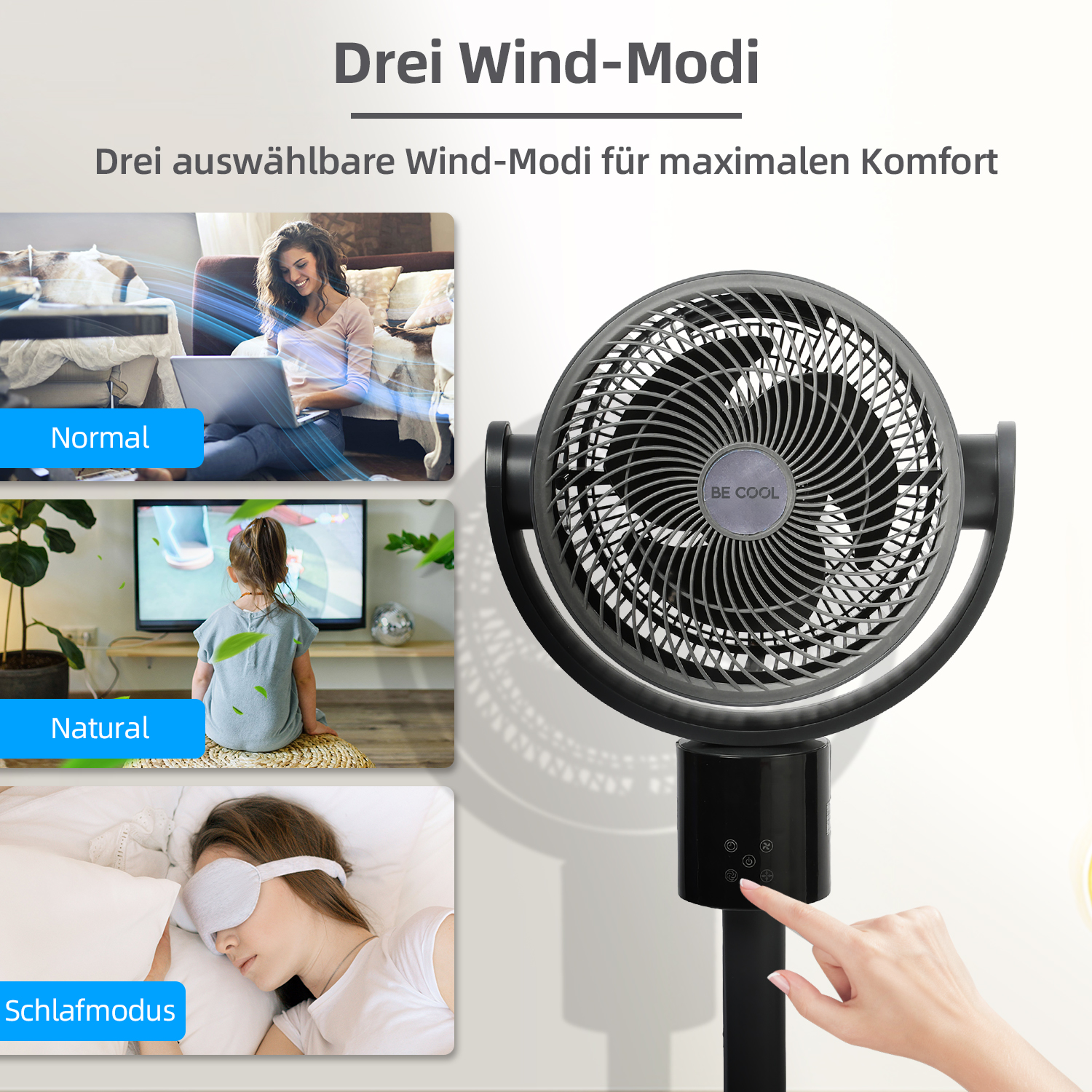 Ein Ventilator mit drei Modi: Normal, Natural, Schlafmodus. Eine Hand bedient die Steuerung.