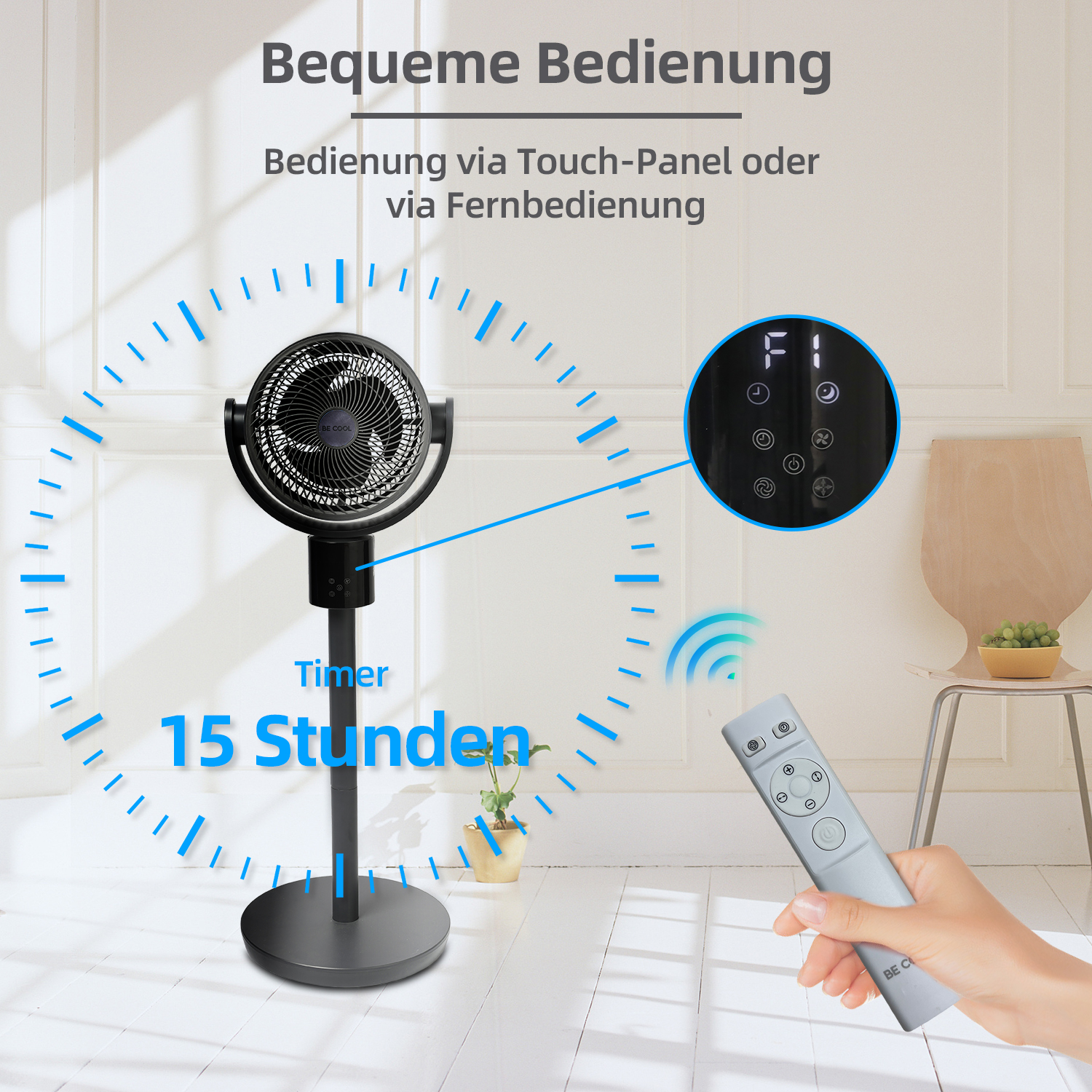 Ein Ventilator mit Fernbedienung, Timer auf 15 Stunden eingestellt.