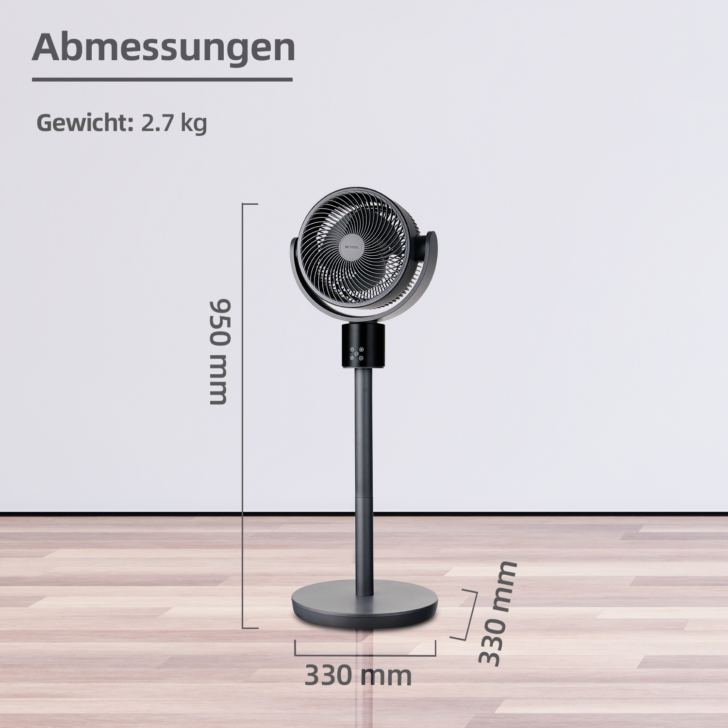 Ein Standventilator mit einer Höhe von 950mm und einer Basis von 330mm.