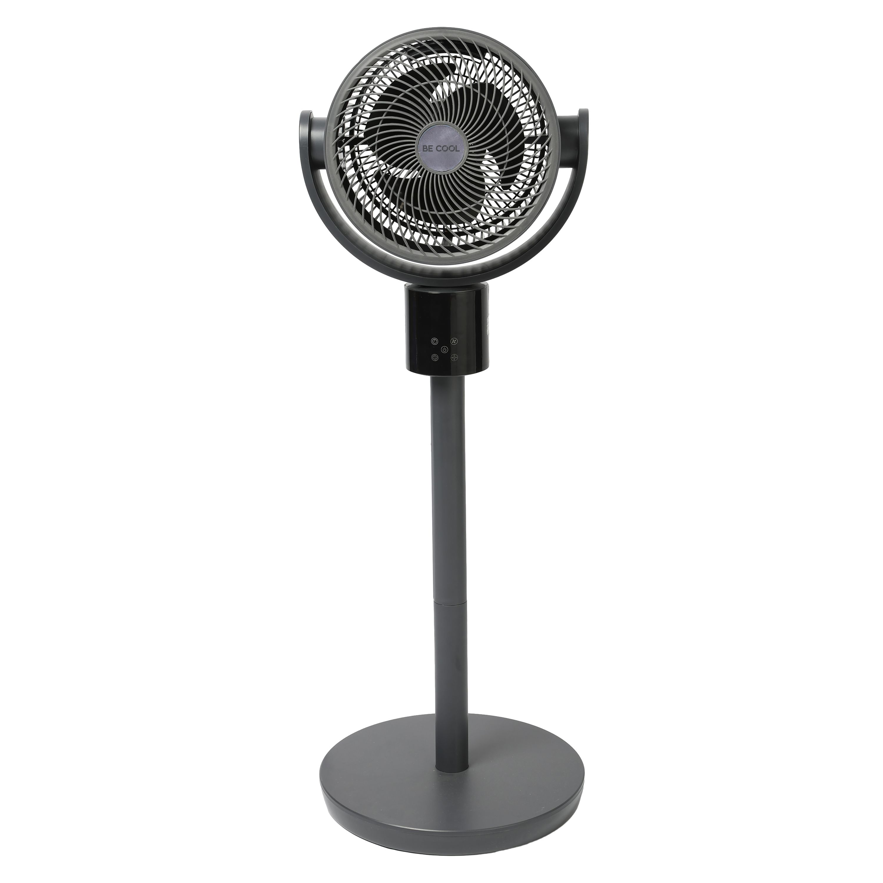 Ein grauer Standventilator mit rundem Fuß und Bedienfeld am Stiel.