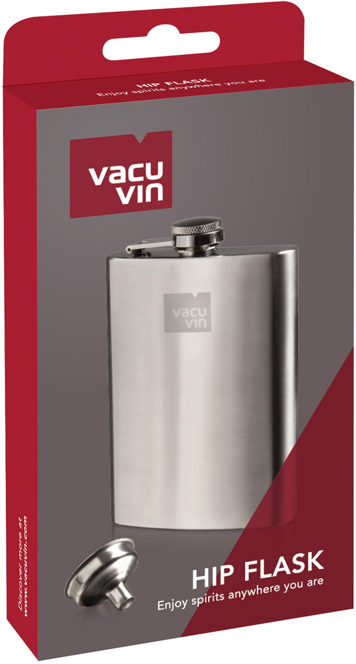 Vacu Vin logosu ve HIP FLASK yazısı bulunan gümüş renkli matara ambalajı.