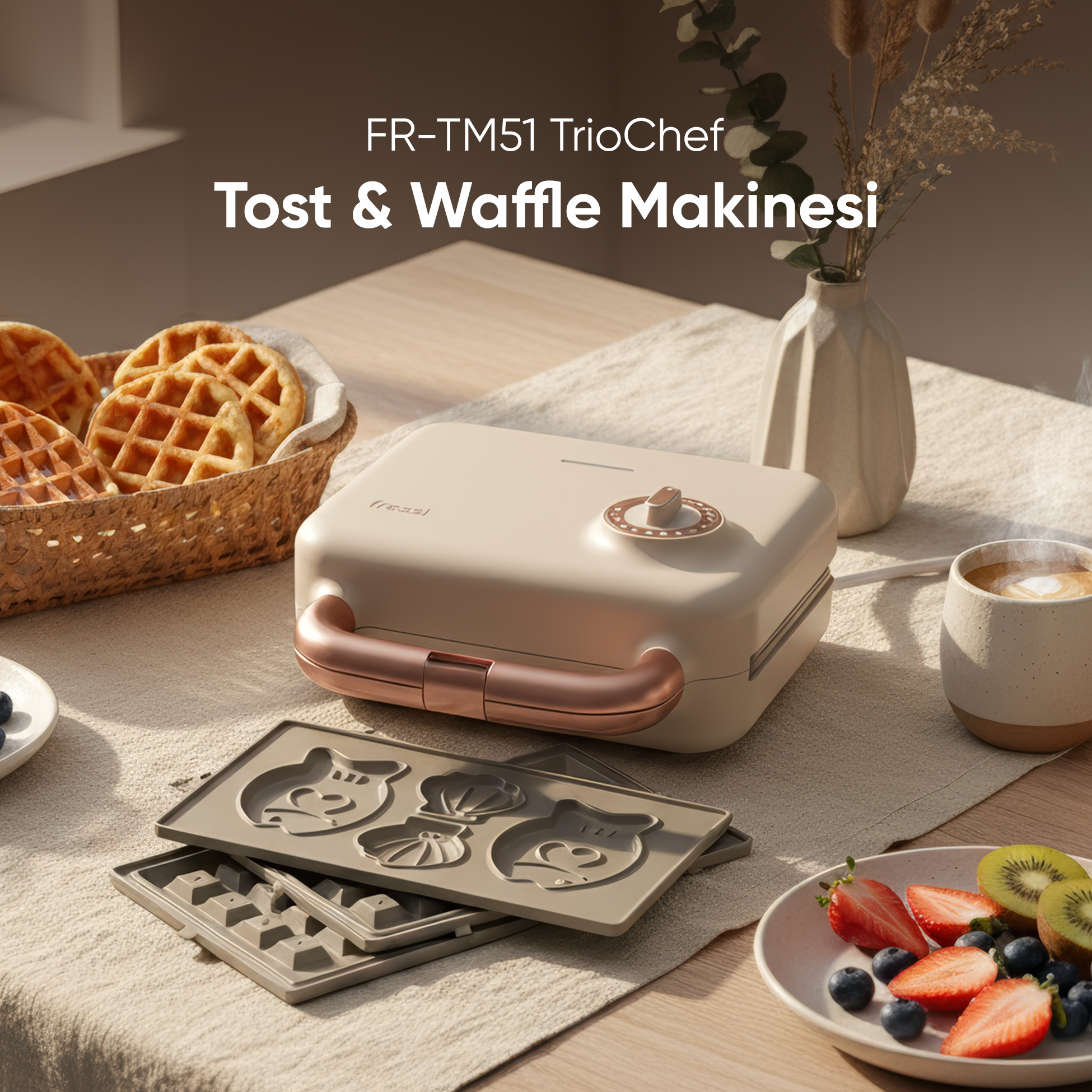 Aksesuarlı tost ve waffle makinesi, waffle, meyve ve kahve.