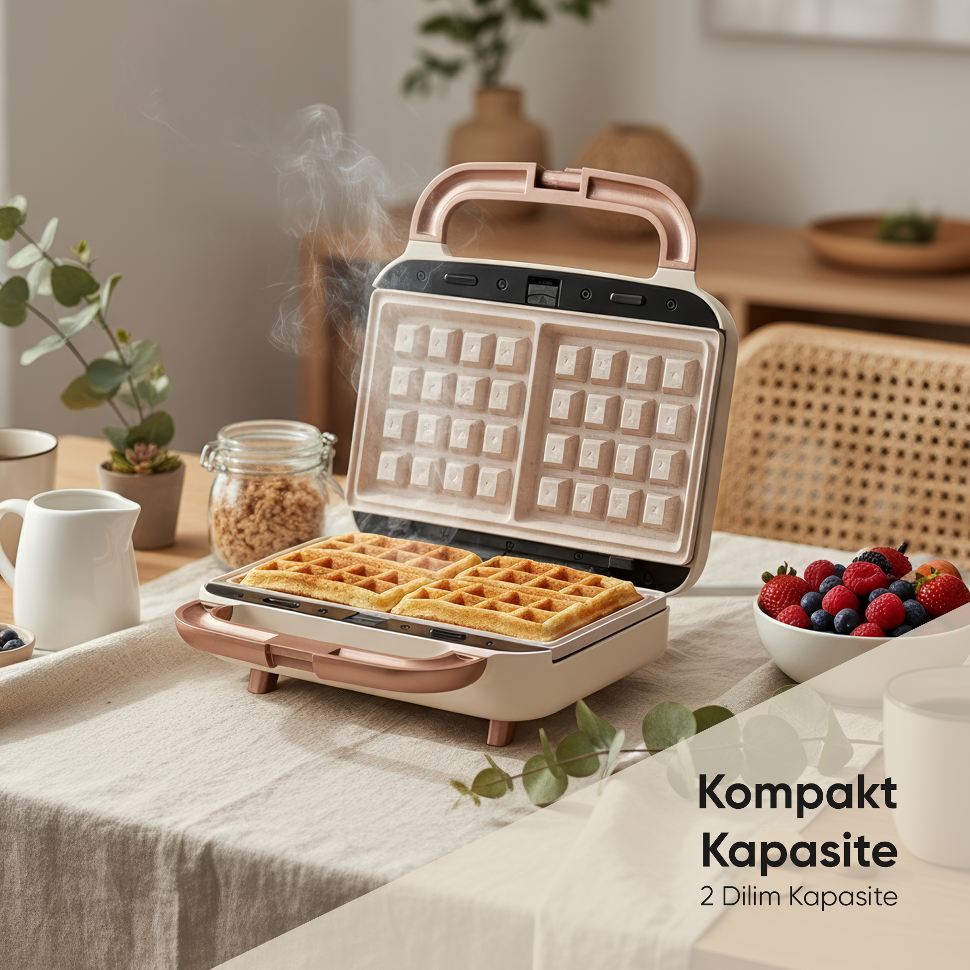 İki pişmiş waffle ve böğürtlenli açık bir waffle makinesi.