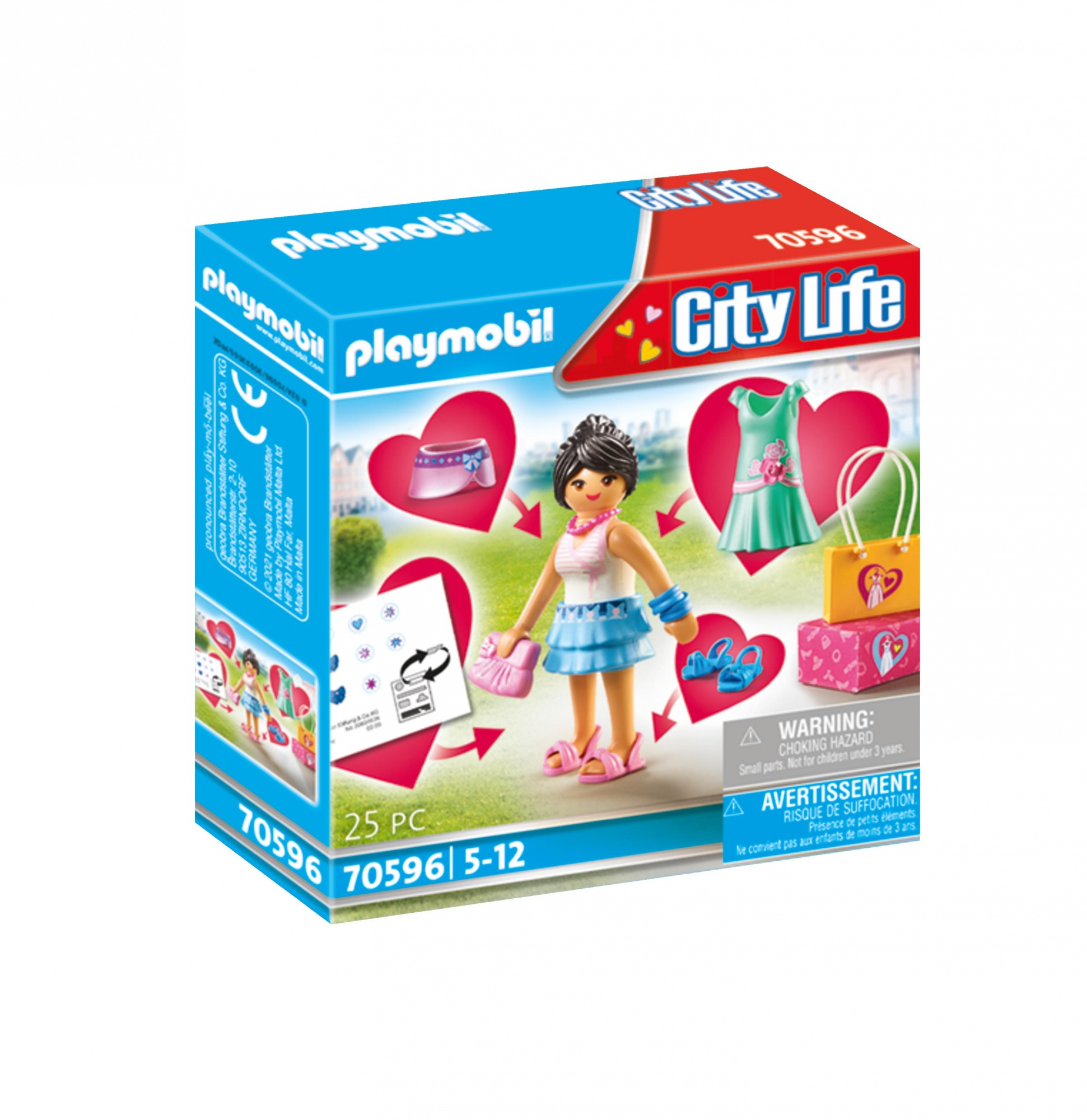 Bebek, elbiseler, çantalar ve ayakkabılar içeren Playmobil City Life kutusu.