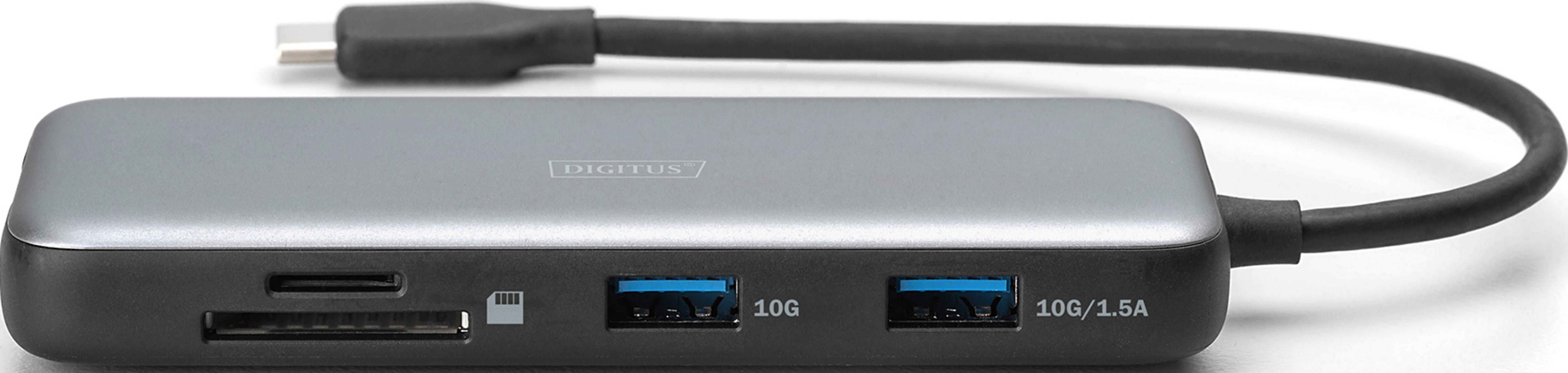 Hub USB-C grigio con lettore di schede SD e due porte USB.