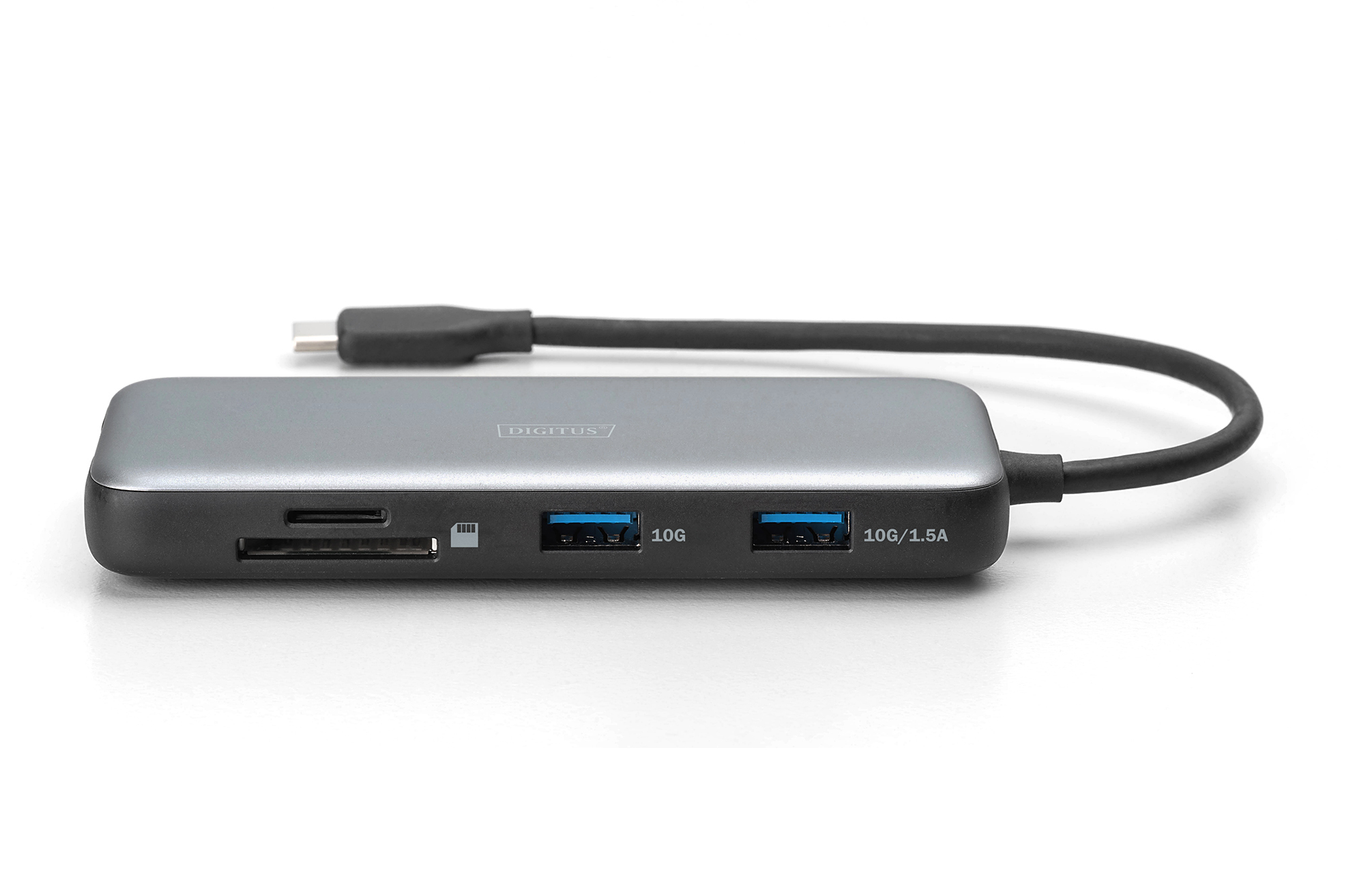 Hub USB-C grigio con slot per schede SD e due porte USB.