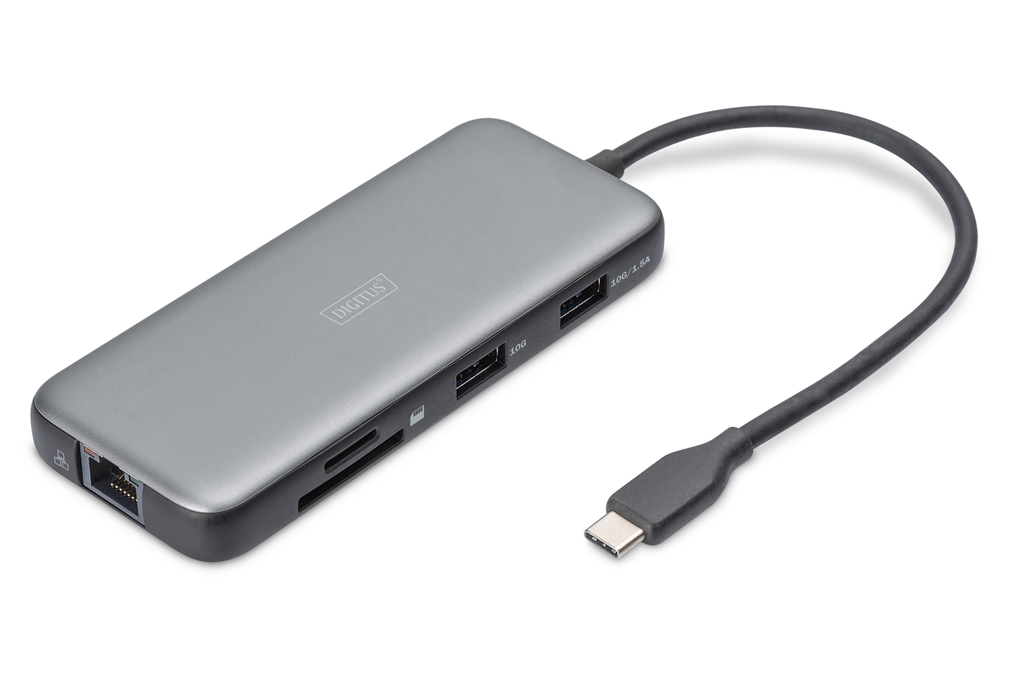 Hub USB-C grigio con porte e cavo su sfondo bianco.