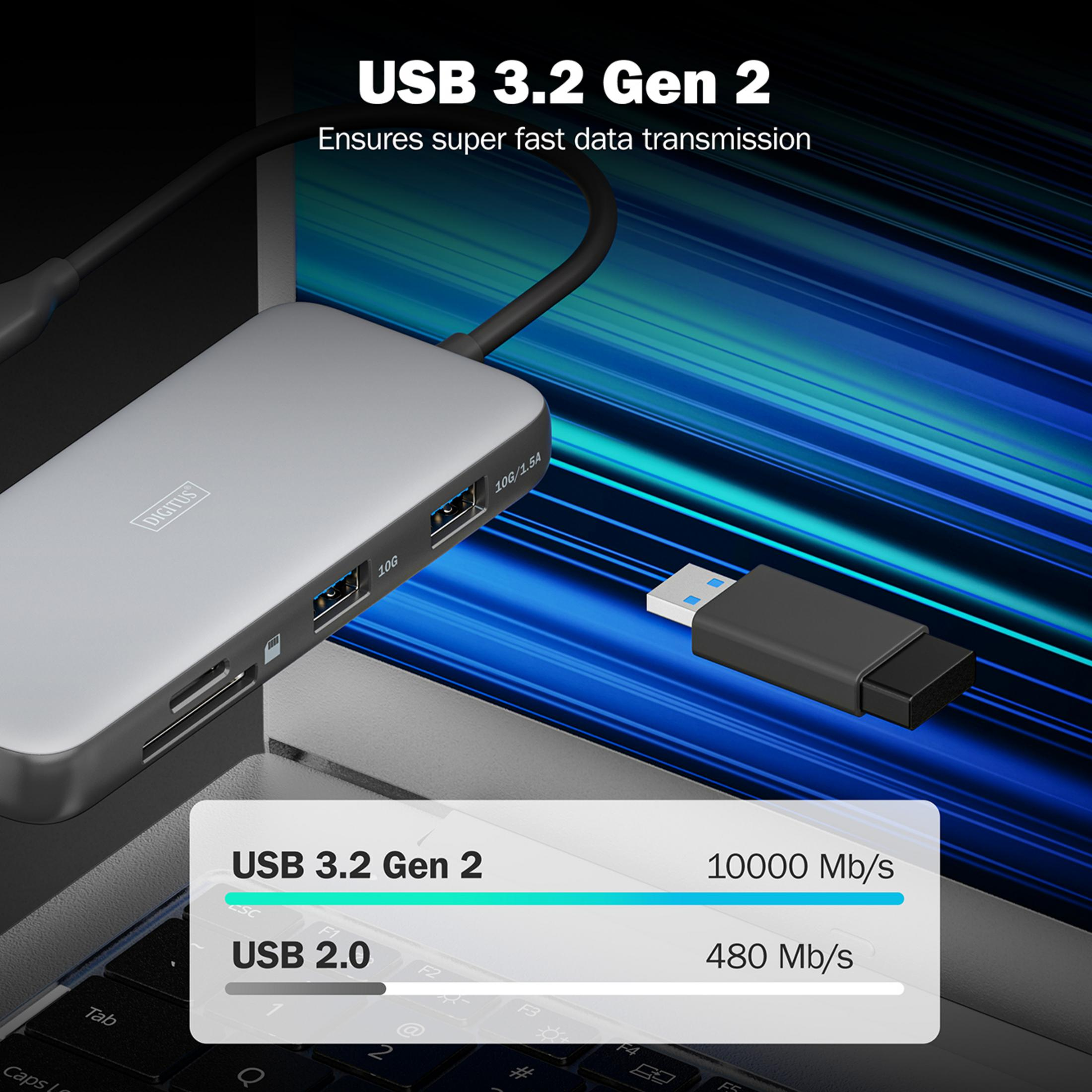 Un hub USB argentato con più porte e un connettore USB accanto.