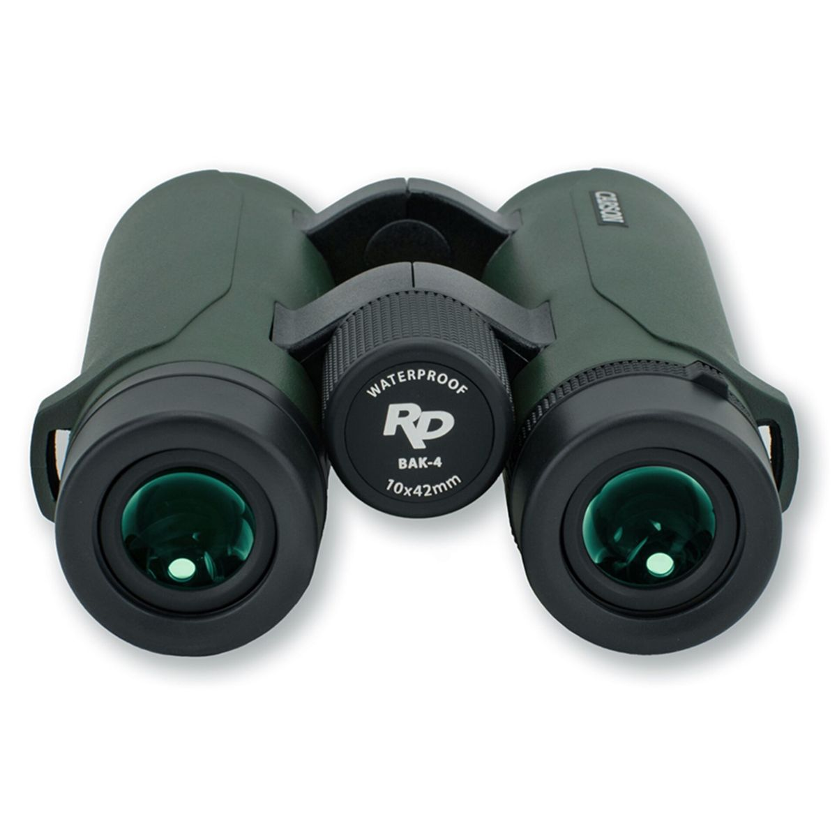 Binocolo Carson verde impermeabile 10x42mm, su sfondo bianco.