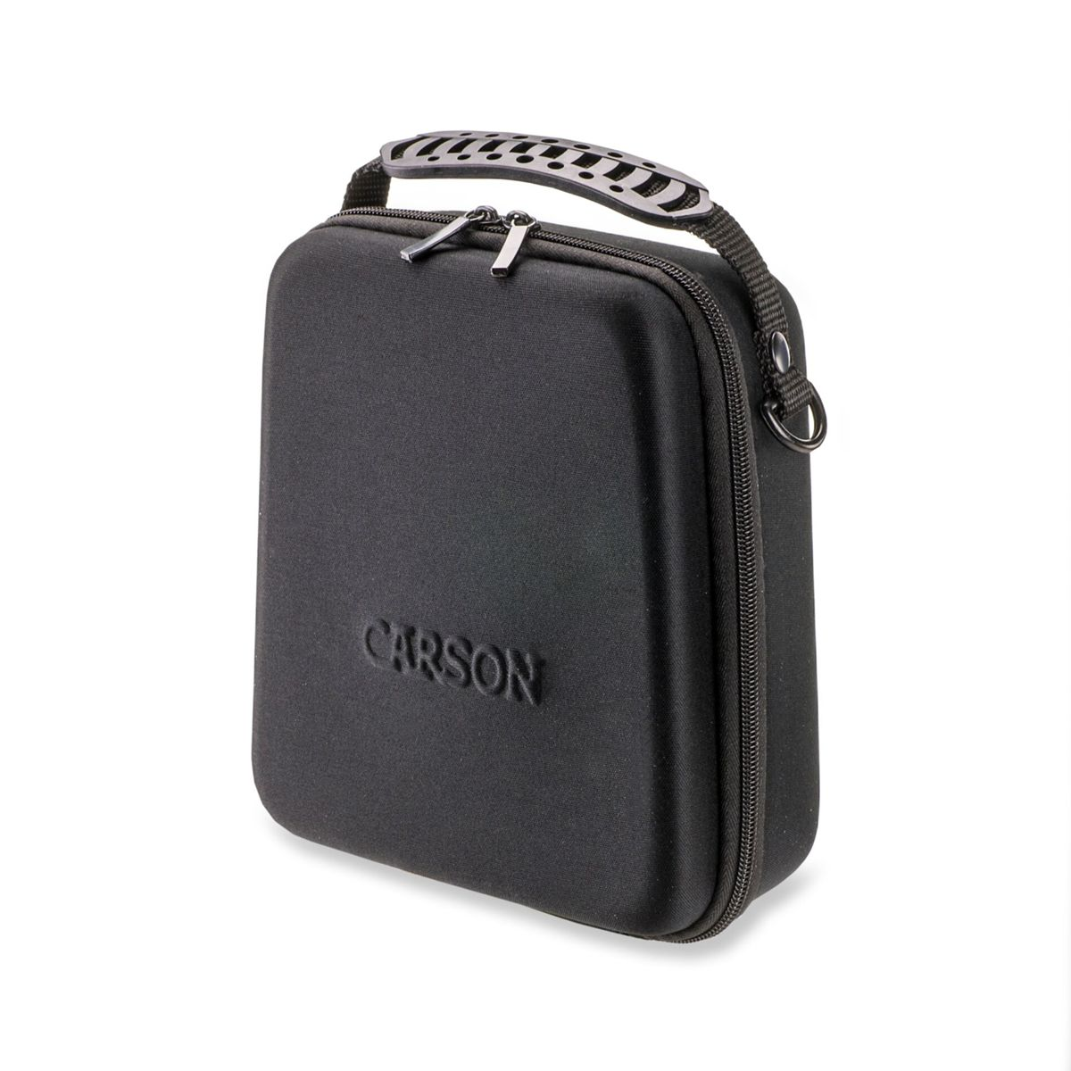 Custodia nera Carson con zip e manico, su sfondo bianco.