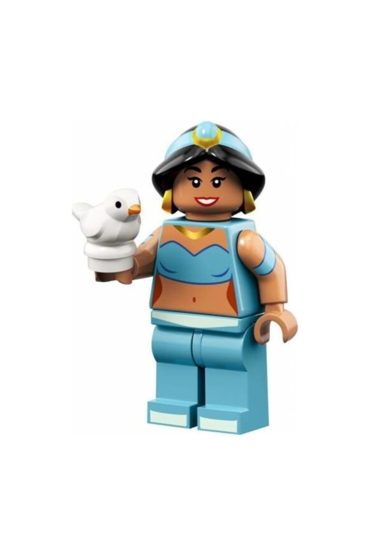 Beyaz kuş tutan mavi kıyafetli bir Lego Yasemin figürü.