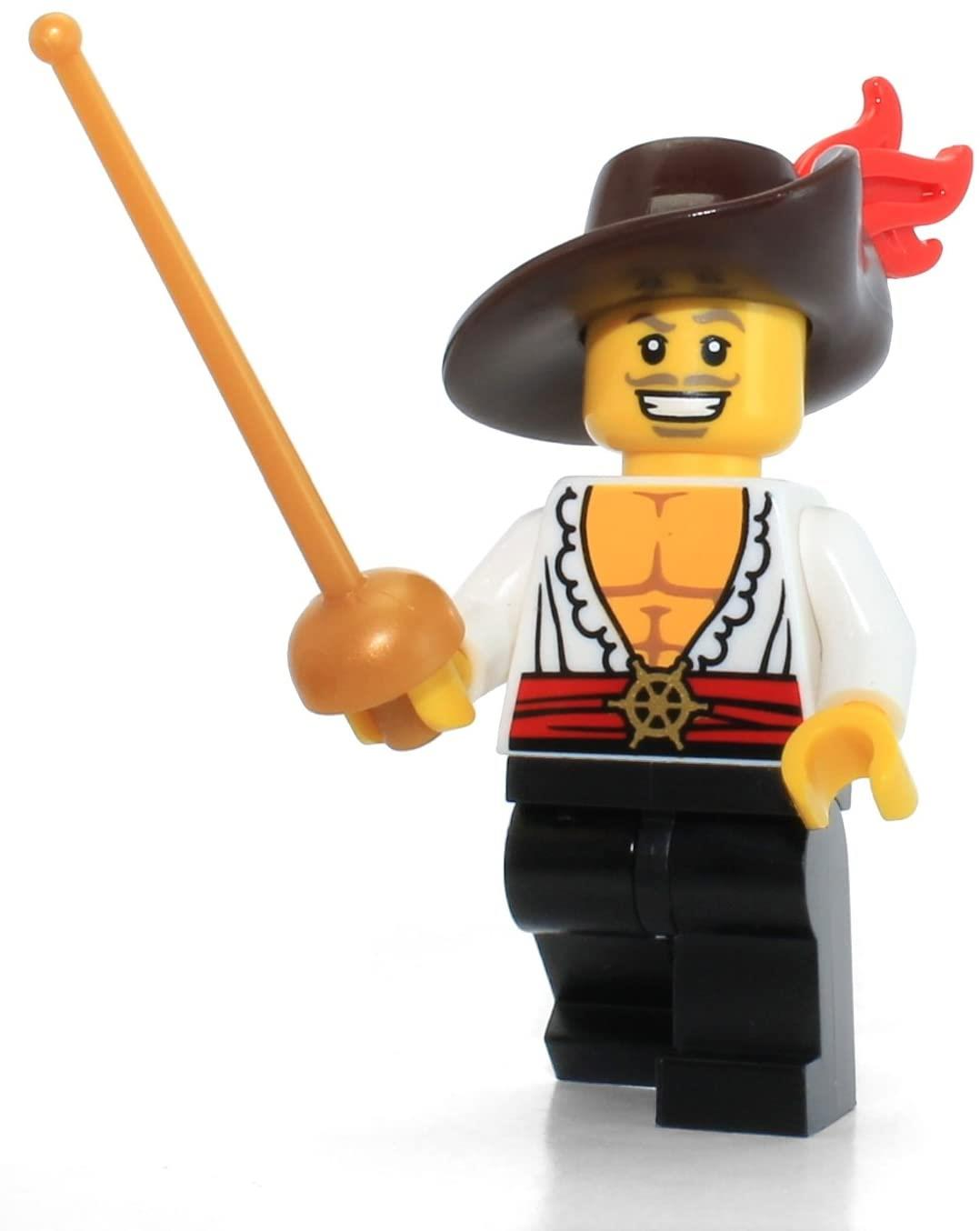 Şapkalı, bıyıklı ve kılıçlı Lego korsan minifigürü.