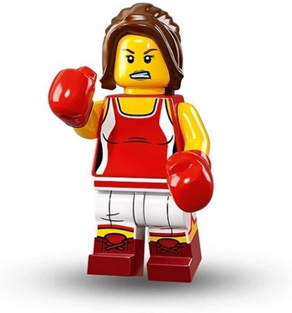 Kırmızı eldivenli ve beyaz-kırmızı kıyafetli Lego kadın boksör figürü.