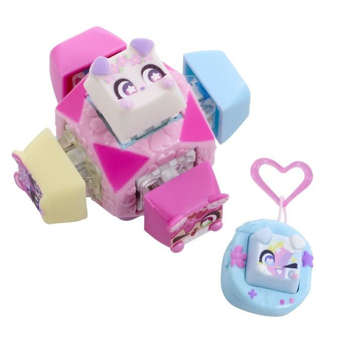 Pinkes und blaues Spielzeughaus mit Tiergesichtern und Schlüsselanhänger.